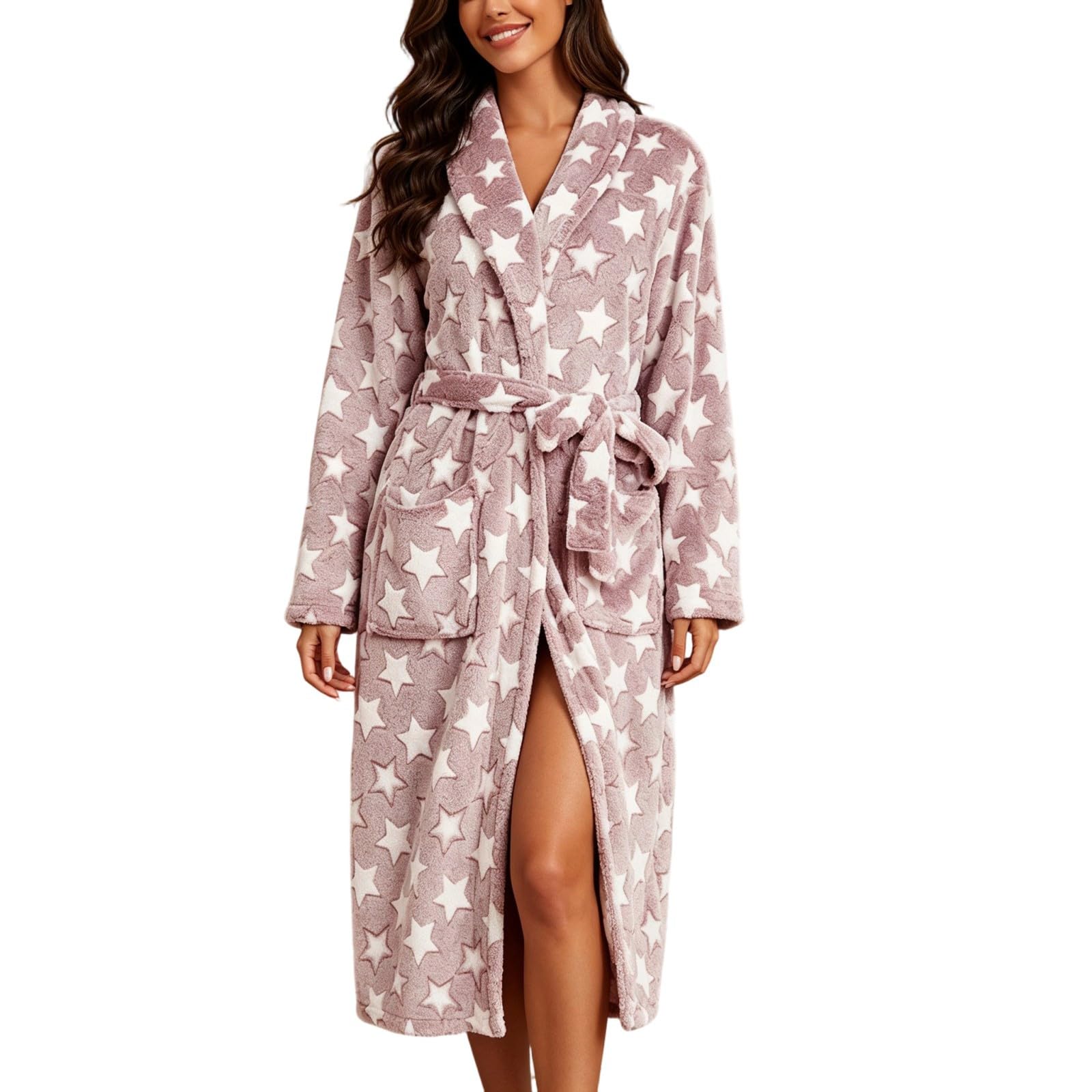 Peignoir Long Femme Polaire Manches Longues avec Assemblage Imprimé Étoiles