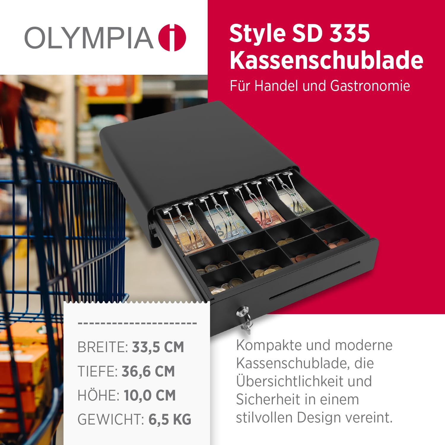 OLYMPIA Style SD 335 Tiroir-caisse en métal massif | Base pour caisse enregistreuse | Tiroir caisse avec 8 compartiments pour pièces et 4 compartiments à billets | Tiroir-caisse avec serrure et