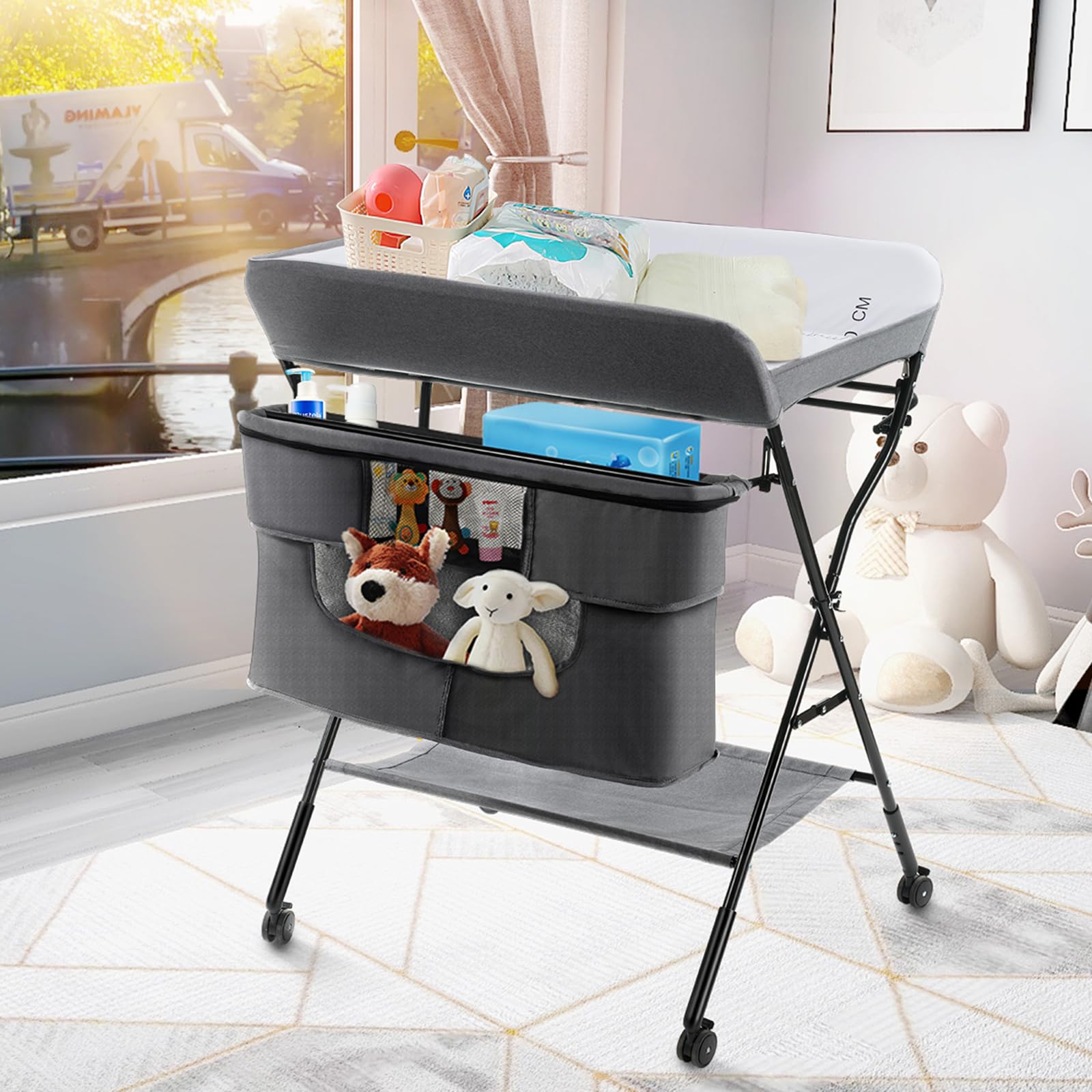 COSTWAY Fasciatoio Pieghevole Portatile, Bagnetto Cambio Pannolini per Bambini Neonati, con Ruote e Vaschetta, Altezza Regolabile 79.5x66x97-101 cm (Grigio)