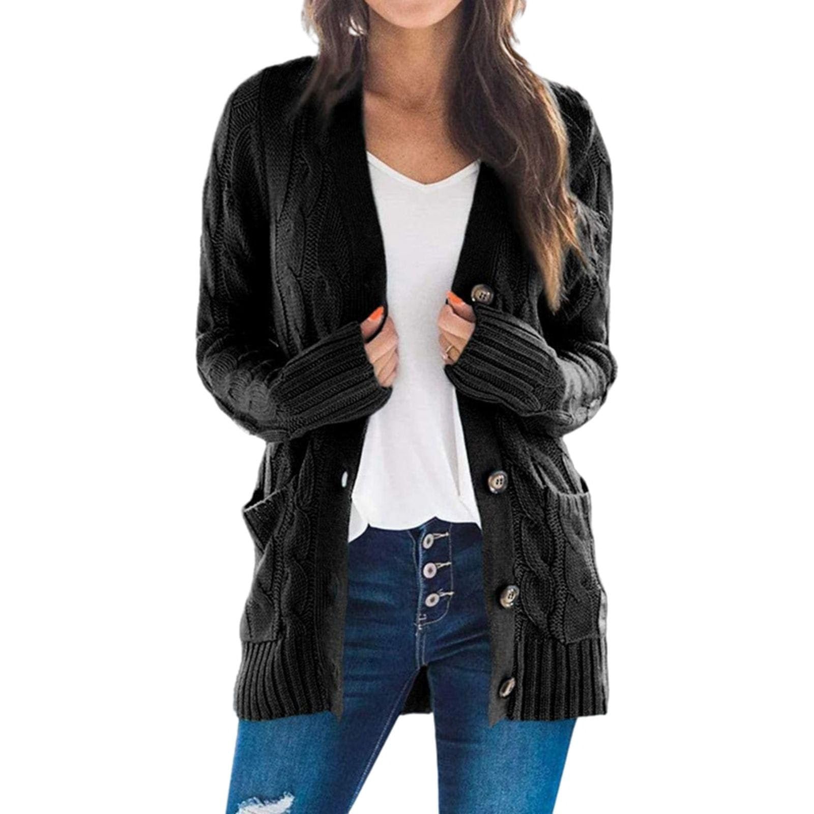 Womens Cable Knit Cardigans Chunky Open Front Sweaters Casual Slouchy Cardigan Button Down Sweater with Pockets
