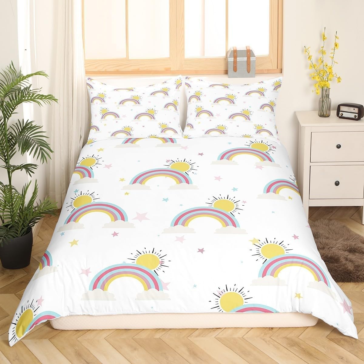 Parure de lit 220x240 arc en ciel avec 2 taies 65x65 en microfibre pour lit 2 personnes