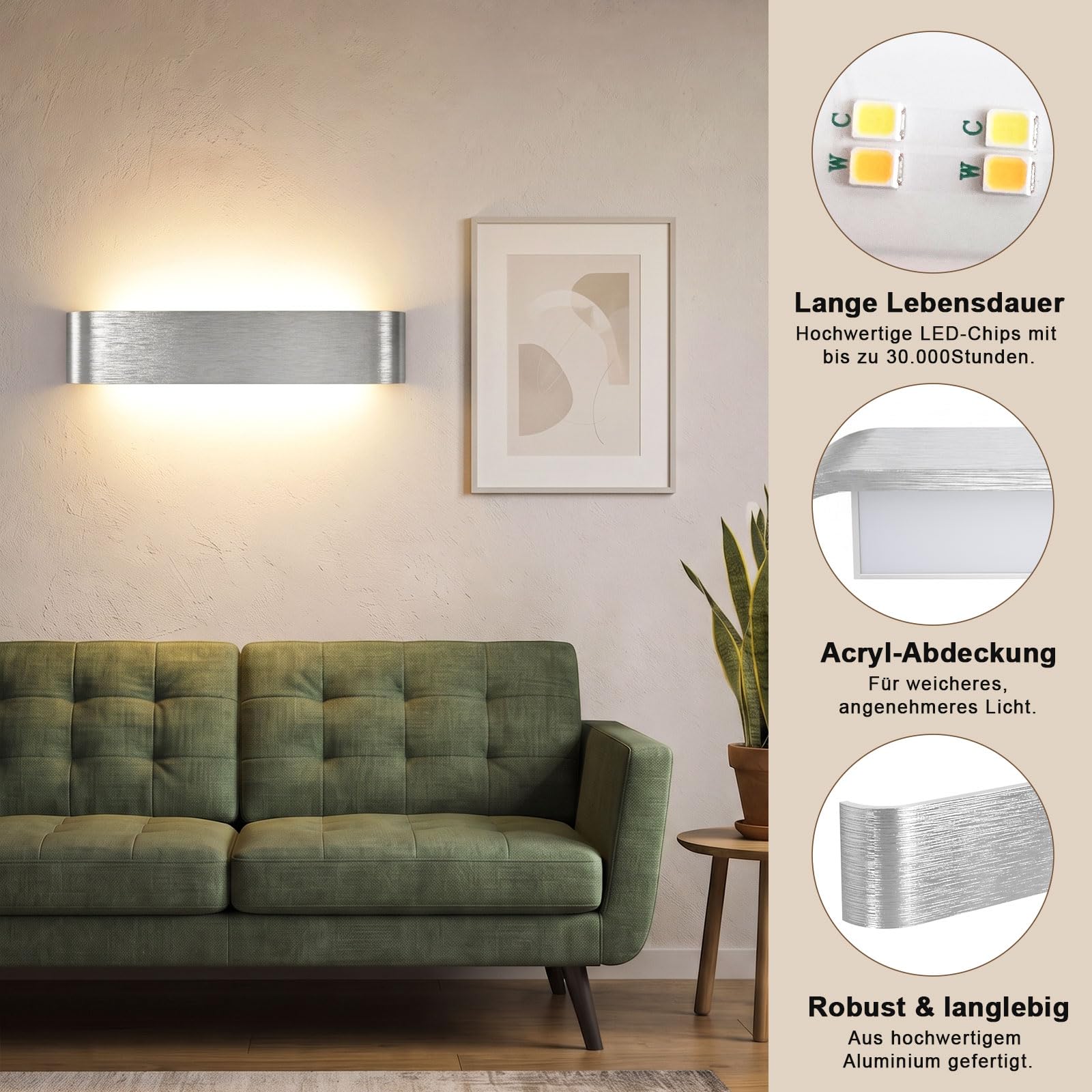 OOWOLF 40CM Applique da Parete Interna 2 Pezzi, Temperatura di Colore Regolabile, 16W Alluminio Effetto Spazzolato – Lampada Moderna per Camera, Soggiorno e Cucina
