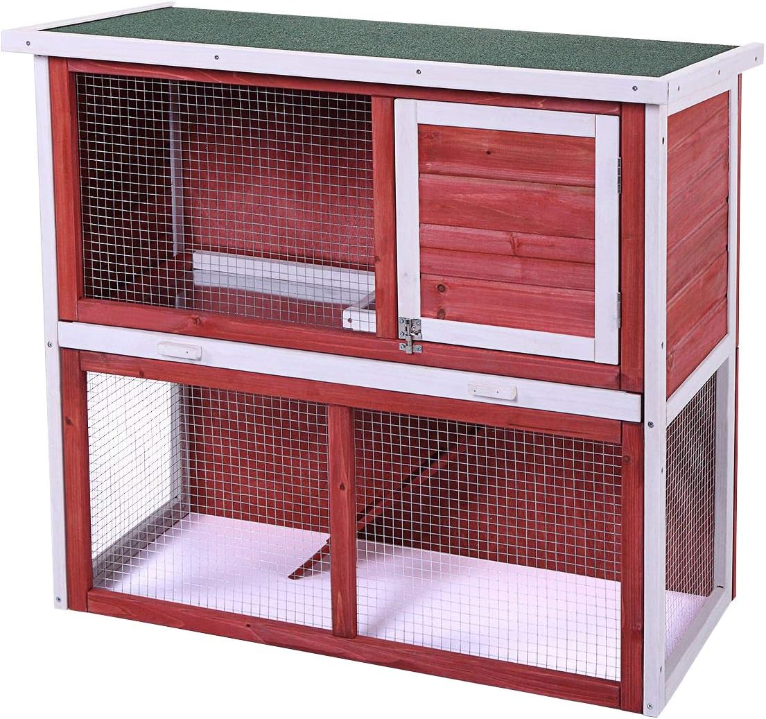 Wooden Chicken Coop Rabbit Hutch Outdoor 2-Tier with Removable Tray and Openable Door for Small Pet, Hen House Bunny Cage, Red