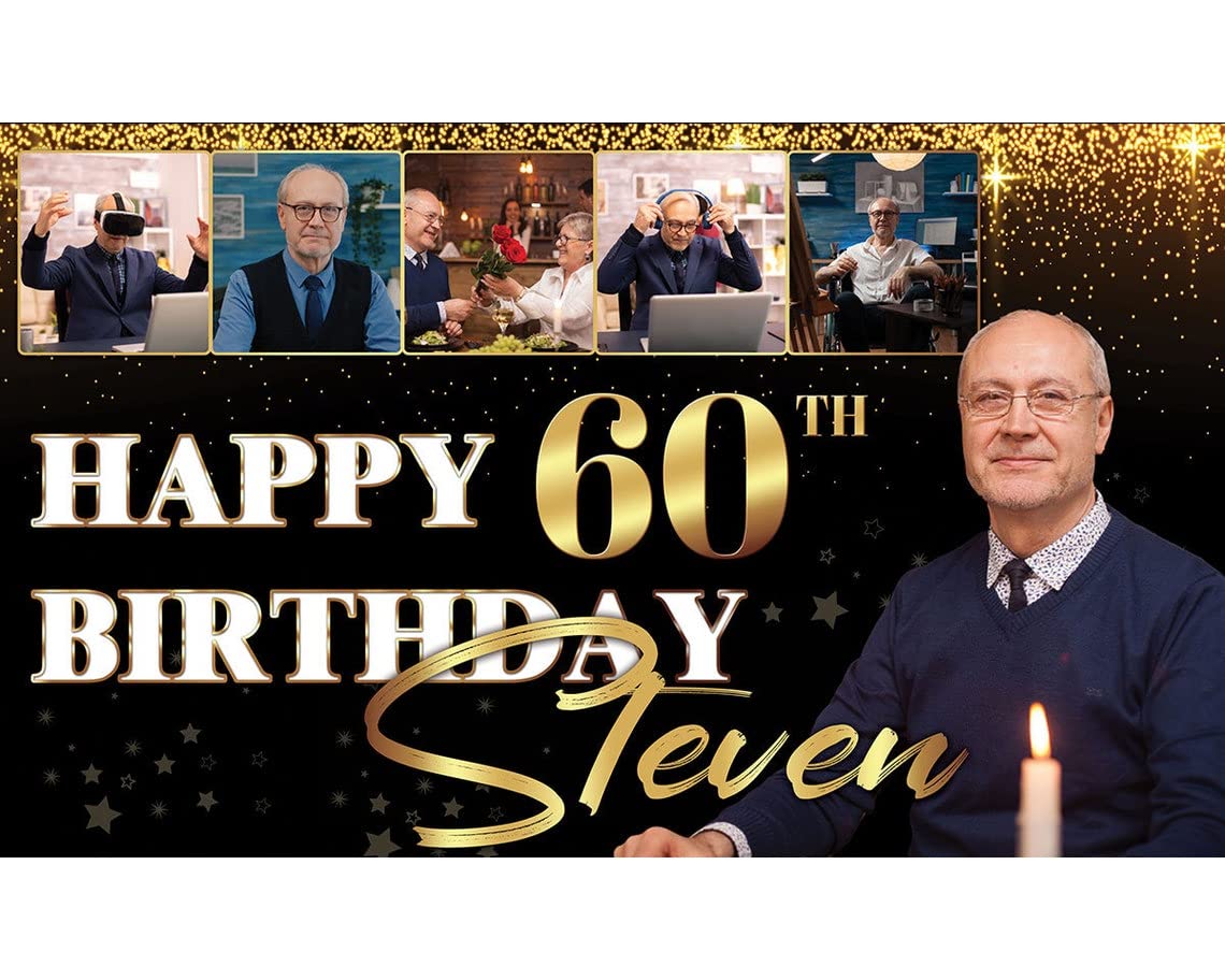 Personalisierbares Geburtstagsbanner – Mit Foto, Name & Alter, Schwarz-gold, 150x90 Cm