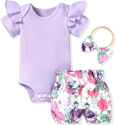 Aalizzwell Traje de verano con pantalón corto y acanalado para bebé niña