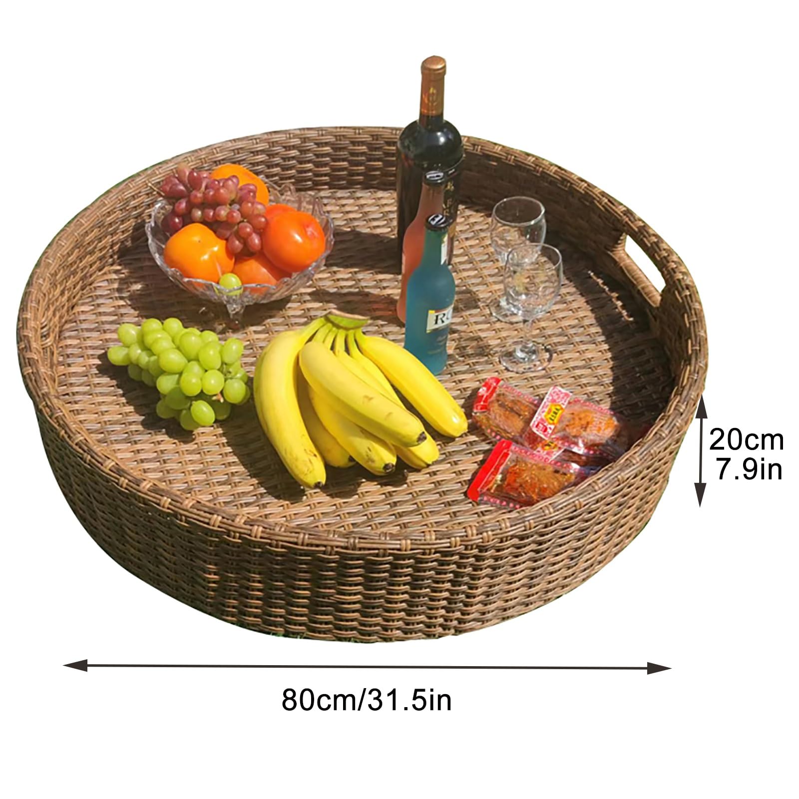 tace pływające. Okrągła taca rattanowa pleciona, pływająca taca śniadaniowa z uchwytami, pływające tace do basenu(White,80 * 80 * 20cm)