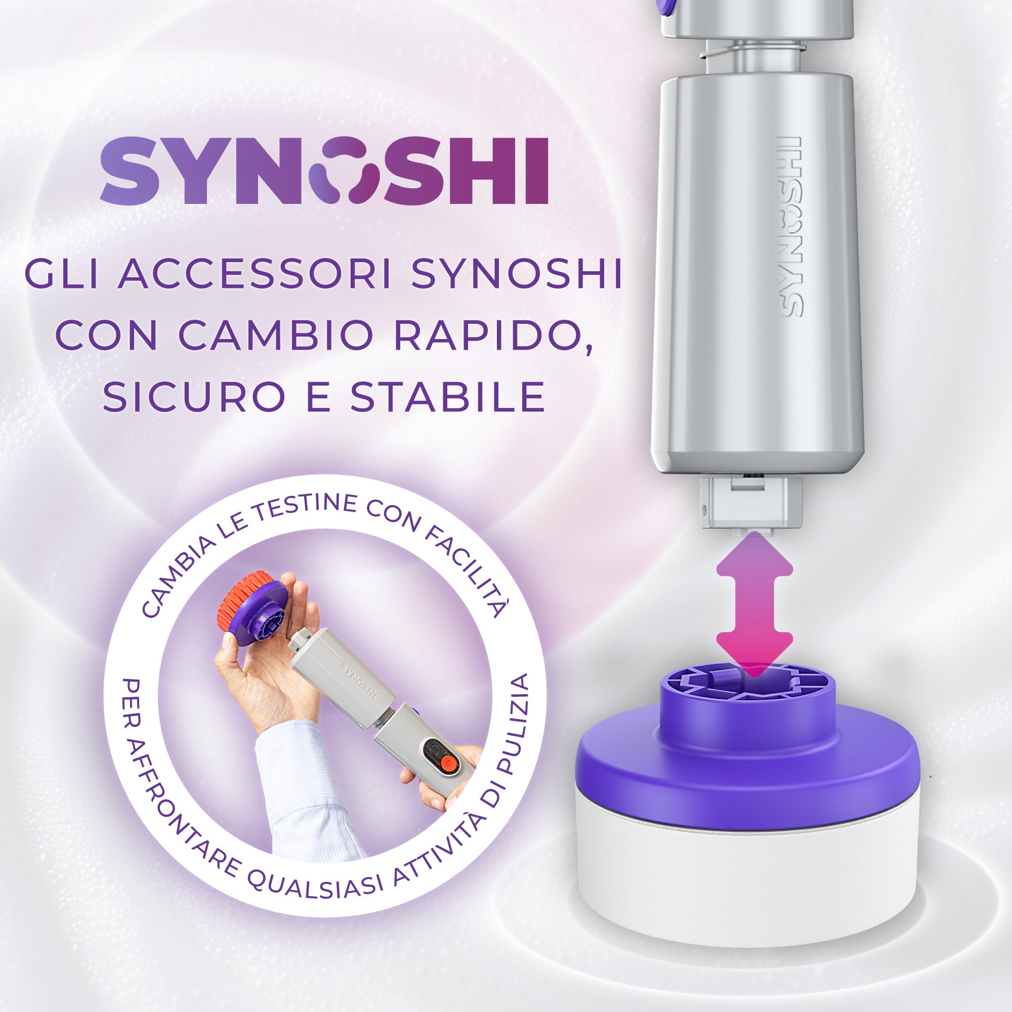 Synoshi Pro Kit Spazzola Elettrica Rotante con Accessori Bagno | Include spazzola rotonda, 2 spazzole a cono, spugna magica, manico estensibile. Senza fili, ricaricabile.