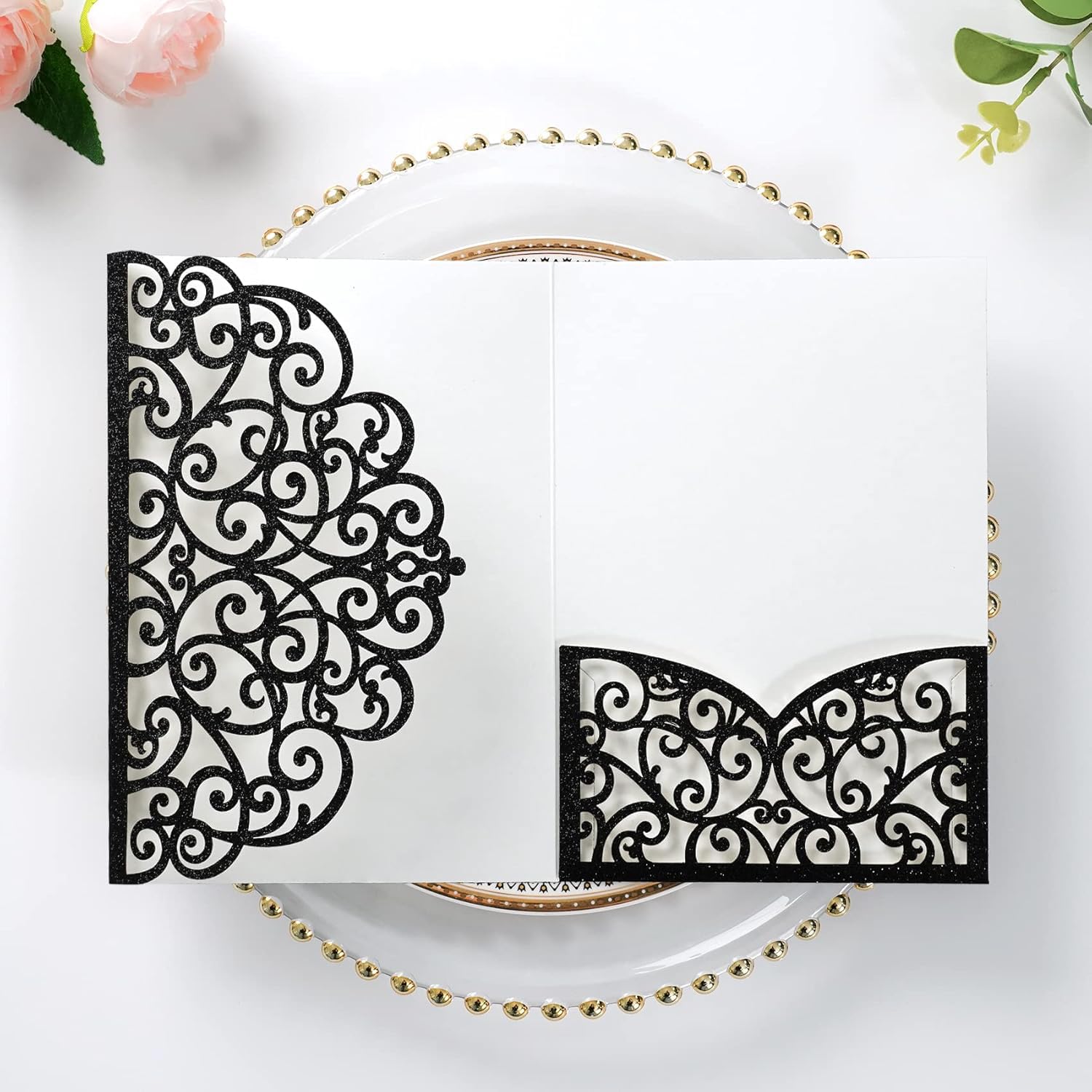 ponatia 5.12 x 7.2 Black Glitter Laser Cut Wedding Invitations, Trifold Laser Cut Invitation Pockets with Envelopes for Wedding Bridal Shower Engagement Quinceanera Invitations (20PCS No Inner Sheet)