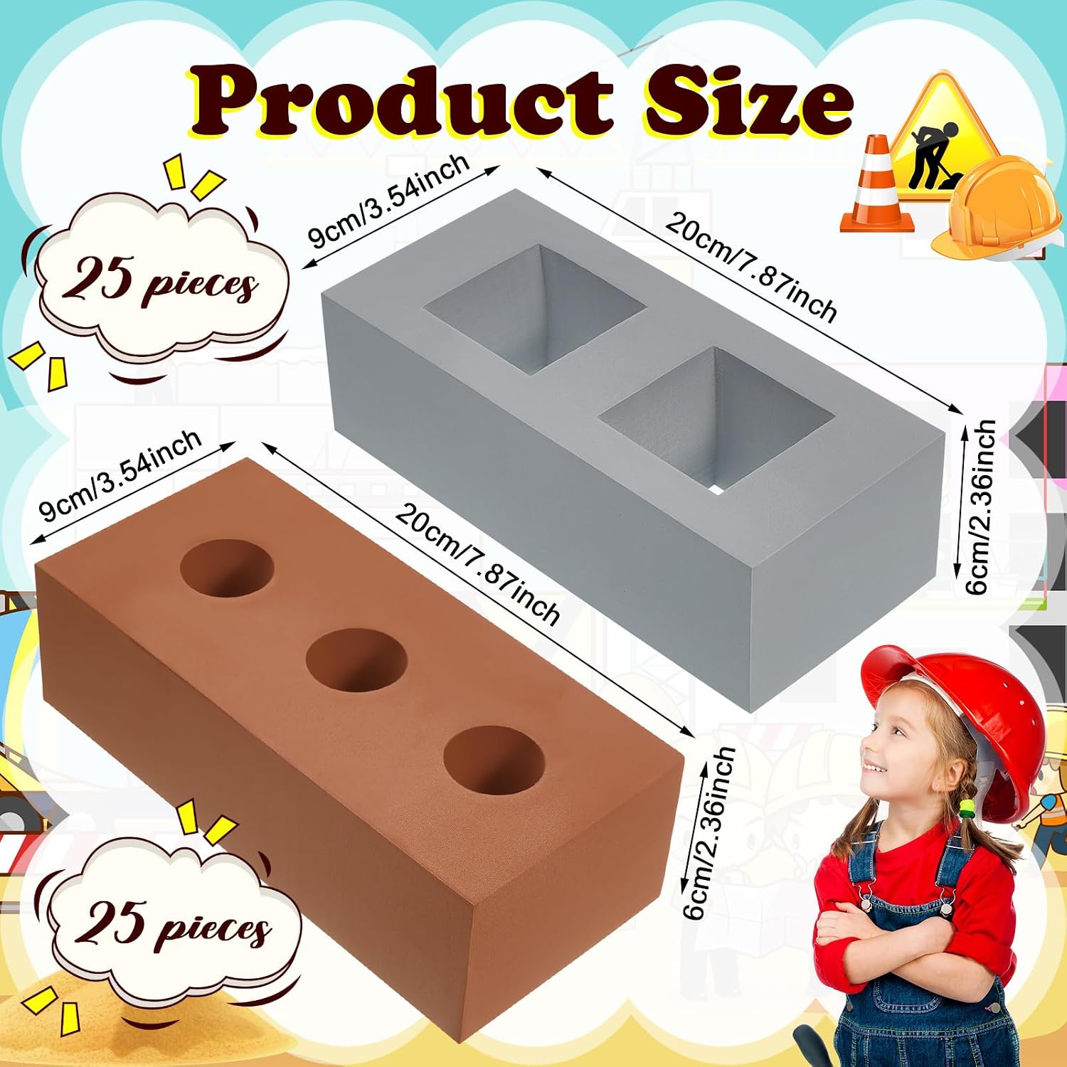 Zhanmai 50 Pack Foam Bricks Building Blocks for Kids Foam Cinder Blocks Large Fake Bricks Toy for Stacking and Construction 8 x 4 x 2.4 Inches(Square Round)