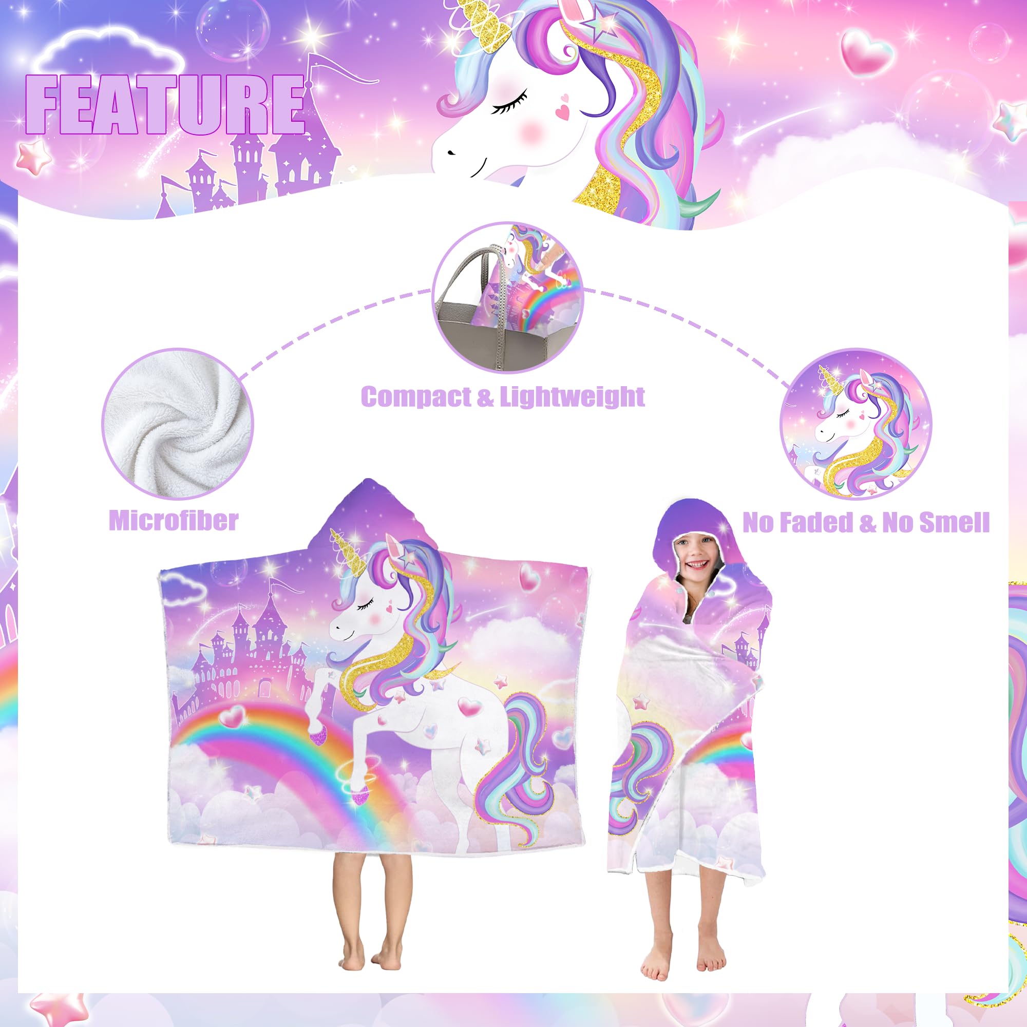 FUTBU Einhorn-Strandtuch mit Kapuze, Einhorn-Poncho-Handtuch für Mädchen, niedliches Cartoon-Motiv, weich, saugfähig, Badetücher mit Kapuze, für Kinder, Kleinkinder, 76,2 x 127 cm, Bademantel mit
