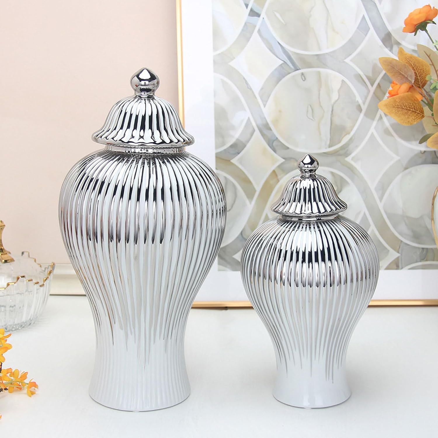 Duży ceramiczny wazon na imbir, 20x42 cm, do dekoracji domu, ręcznie robiony ceramiczny wazon na imbir z pokrywką, porcelanowy pojemnik na kwiaty (20x42 cm)