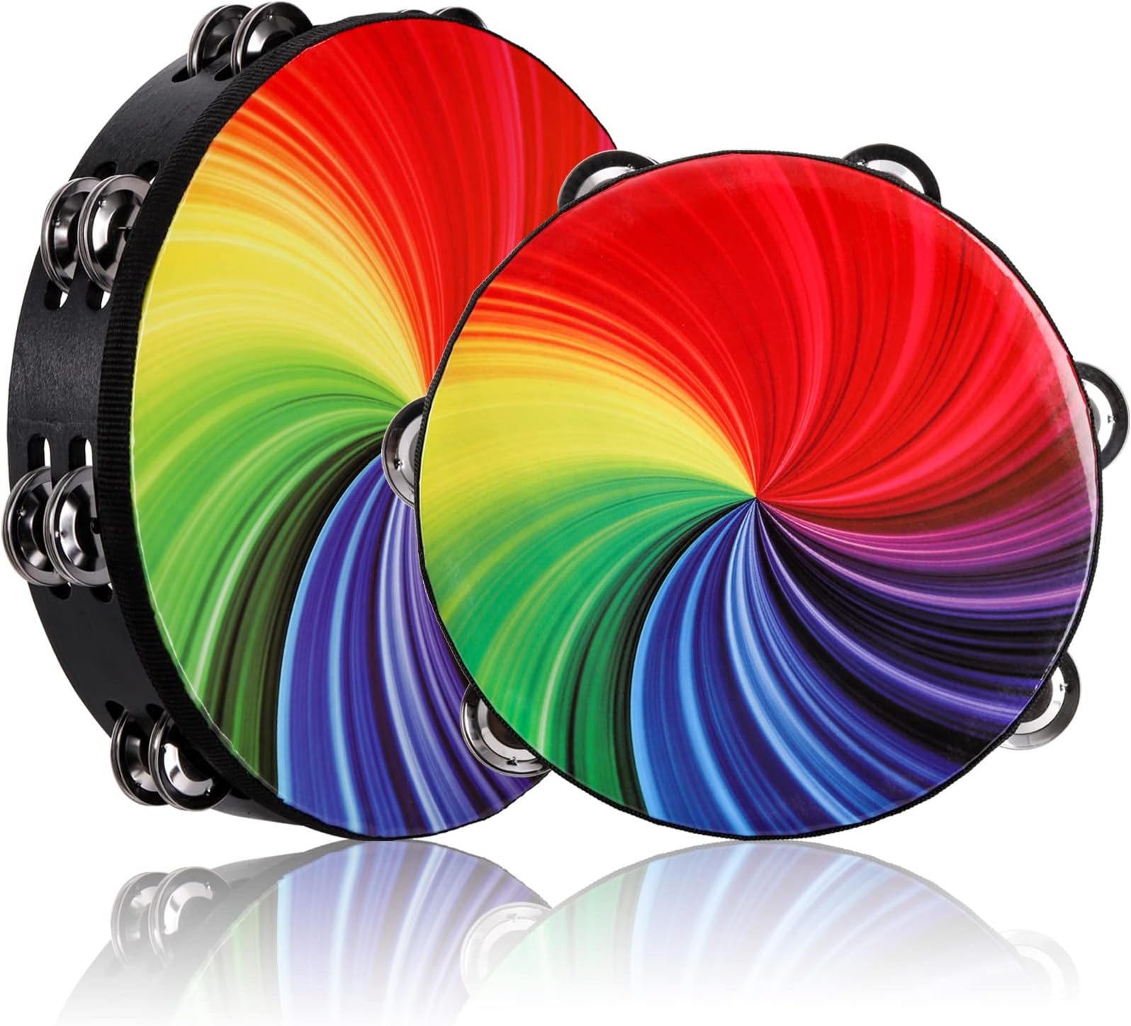 Coloch2 Pack Wood Radiant Tambourine with Double Row Jingles, Hand Held Drum Reflective Tambourine Percussion Musical Instrument for Adult, Party, KTV, Church, Music Show, 8 and 10 Inch