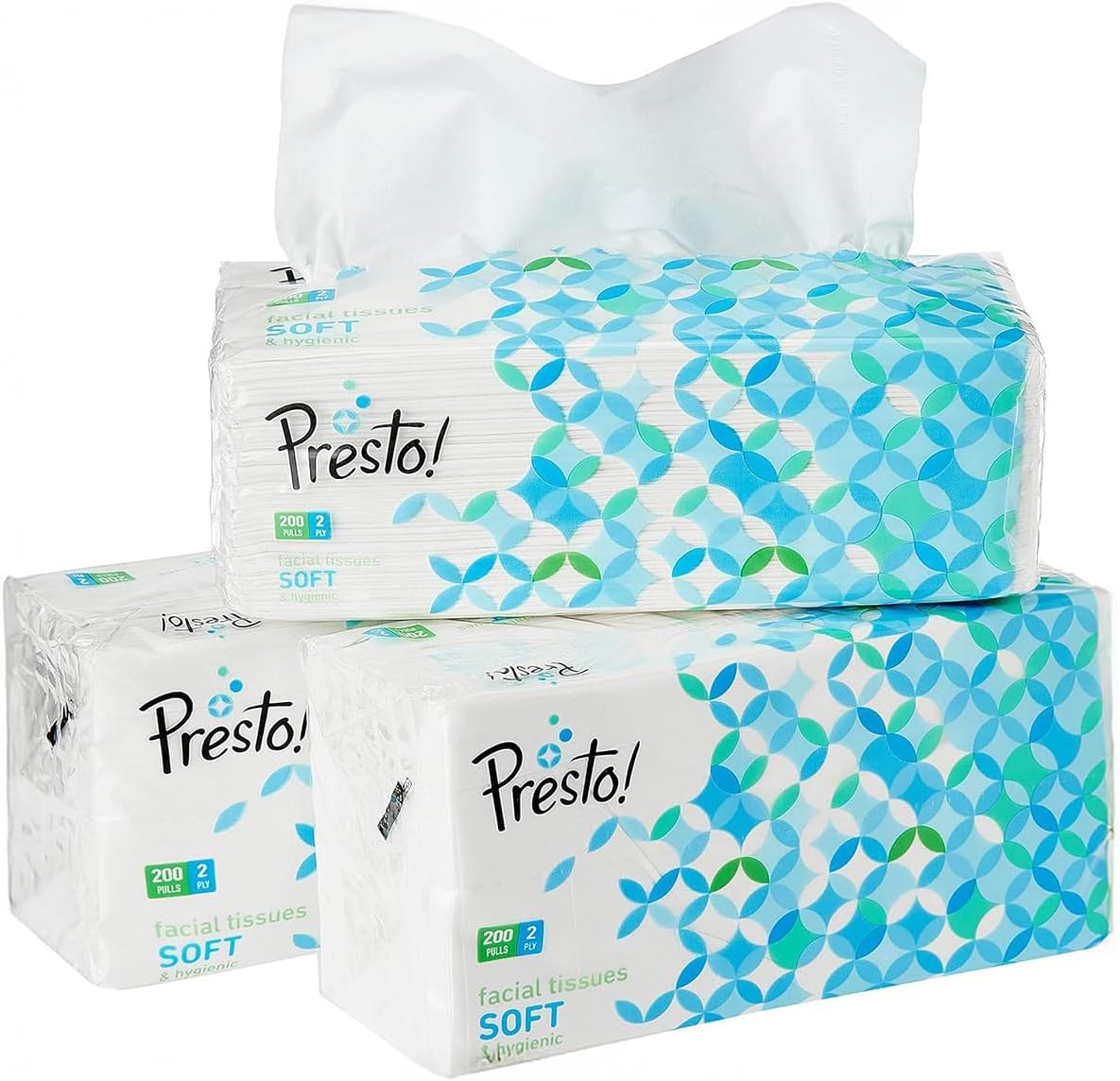 Amazon Brand - Presto! 2 Ply Facial Tissue Box | 600 Pulls | 200 Pulls X 3 Cartons | Soft And Highly Absorbent | 100% Natural Virgin Cellulose Fiber