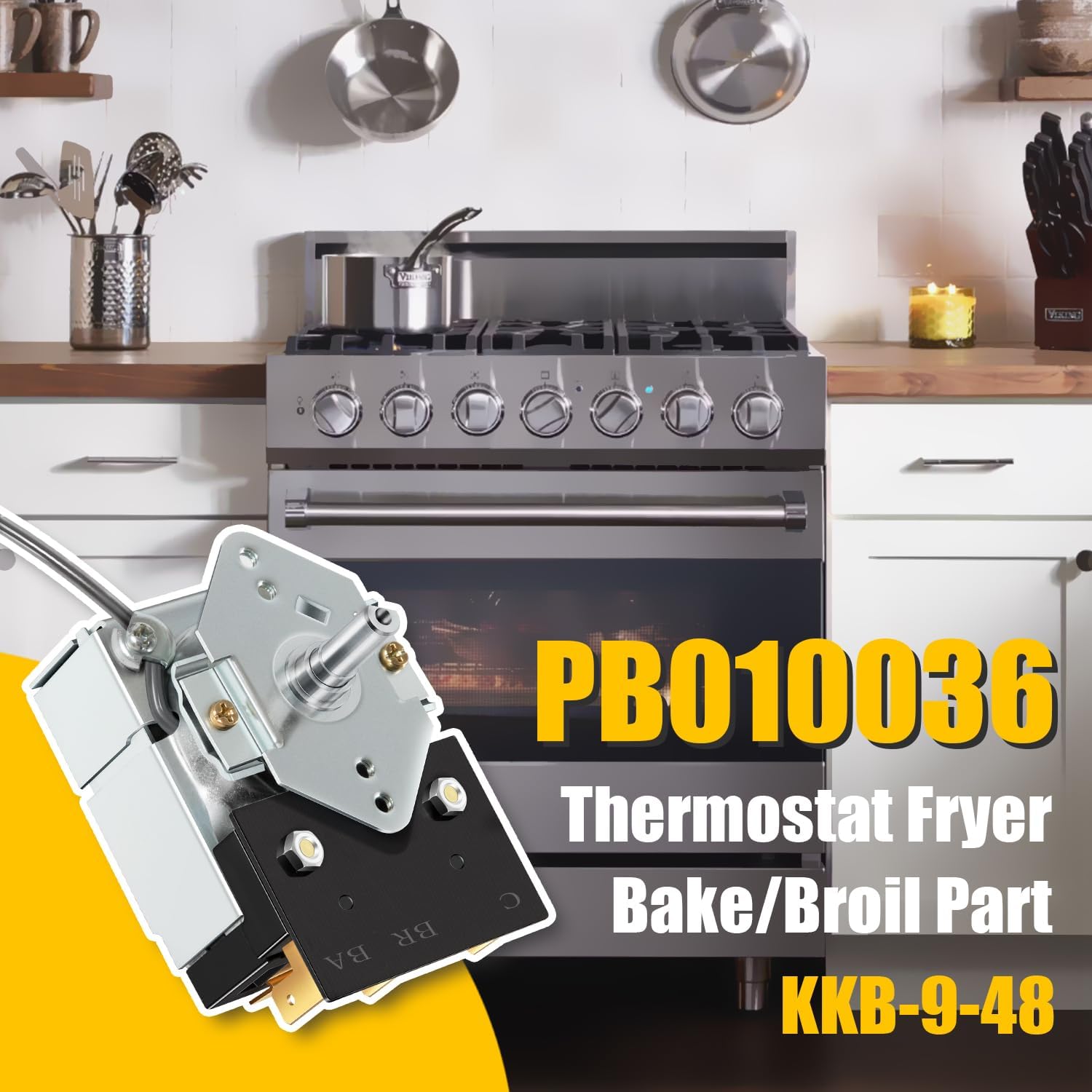 PB010036 Thermostat Bake/Broil Part KKB-9-48, for Awoco, Viking Range Stove Oven, Replace for Viking Thermostat Fryer Bake Broil Part (Max Temp 606℉, 22A 120-250 VAC)