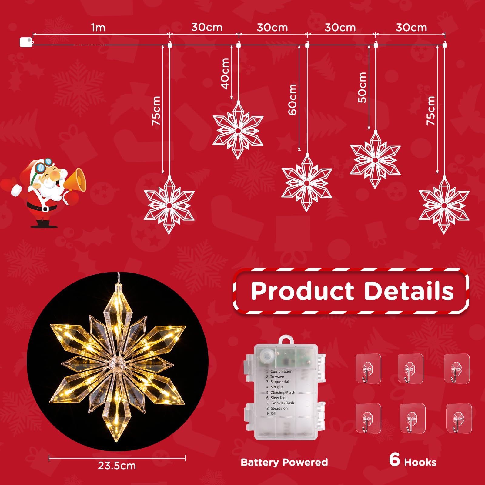 GlobaLink 5 Stück LED Schneeflocke Beleuchtung, Weihnachtsdeko Fenster mit 8 Modi Batteriebetrieben für den Innen- und Außenbereich Weihnachten, Party, Deko, Hochzeit, Garten, Balkon