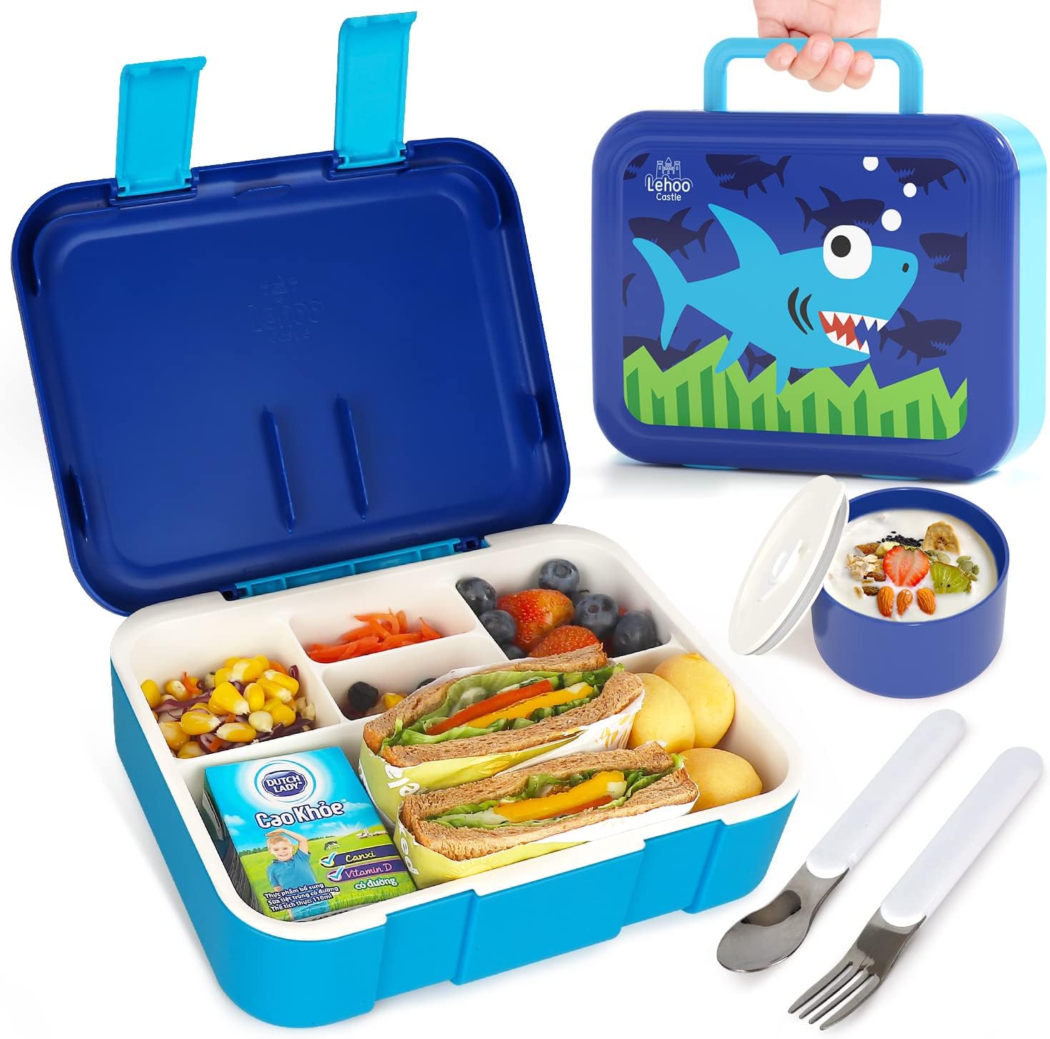 Lehoo Castle Bento Lunch Box for Kids Girls, 1250ml, with 5 Compartments, Spoon, Fork, Sauce Jar, Leak Proof, BPA-Free, Sizes for Boys and Girls Ages 3 to 7