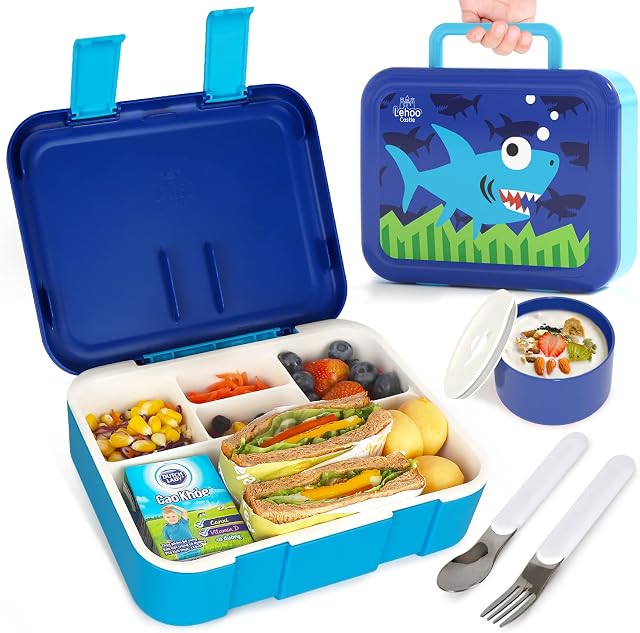 Lehoo Castle Bento Lunch Box for Kids, 1250ml Lunchbox with 5 Compartments, Boys Girls Lunch Containers with Spoon&Fork, Sauce Jar, Leakproof, BPA-Free