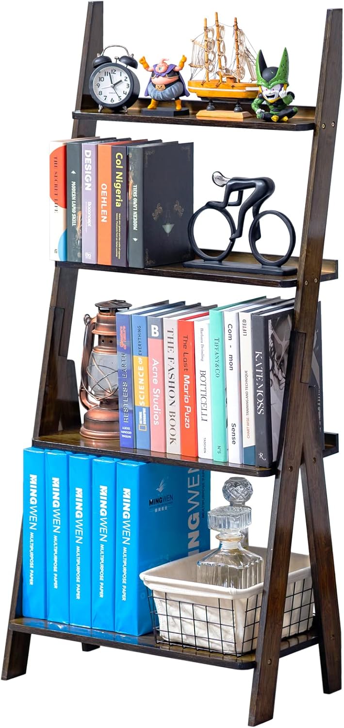 COPREE 4-Tier Ladder Bookshelf, Bamboo Walnut-Colored Freestanding Bookcase Display Stand - Versatile and Stylish Shelving Unit for Books, Plants, and Decor 4 tier