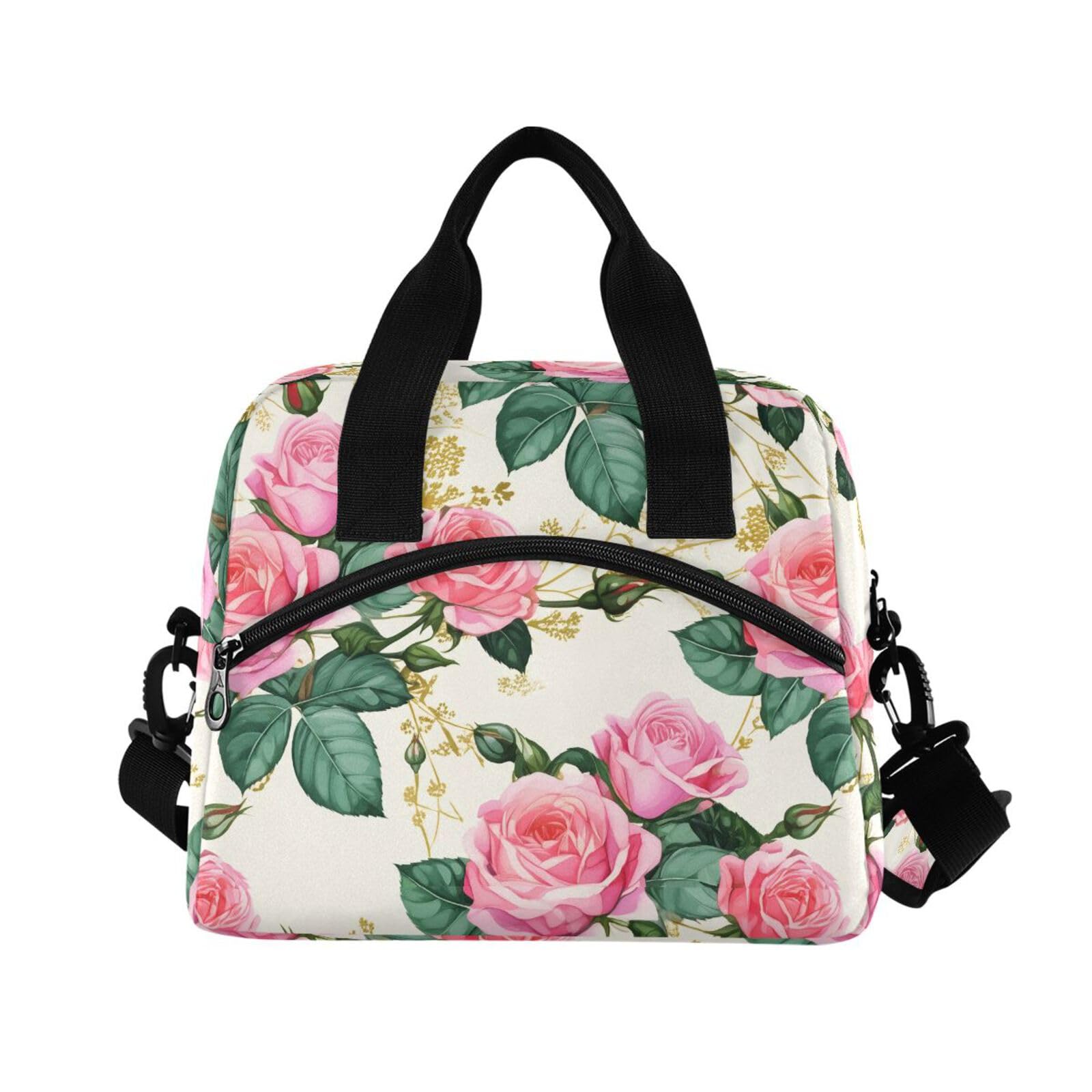 Insulated Lunch Bag Reusable Cooler Pink Flower Leaves Lunch Box Adjustable Shoulder Strap for Adults School Office