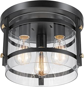 تركيبات سقف GLOBE Electric 60417 ثلاثية الإضاءة، لمسة نهائية برونزية داكنة، تفاصيل نحاسية، غطاء زجاجي شفاف، إضاءة حديثة للمطبخ أو غرفة النوم أو غرفة الطعام، ريفية، قاعدة E26