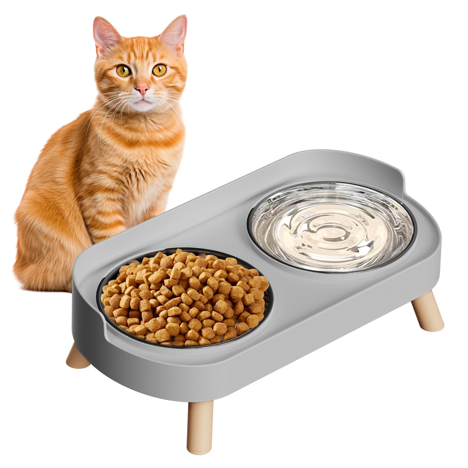 Elevated Cat Bowl, Raised Cat Food and Water Bowl Set for Indoor Cats, Splash Proof with 2 Stainless Steel Pet Food Bowls for Cats and Puppies, Whisker Fatigue and Dishwasher Safe - Grey