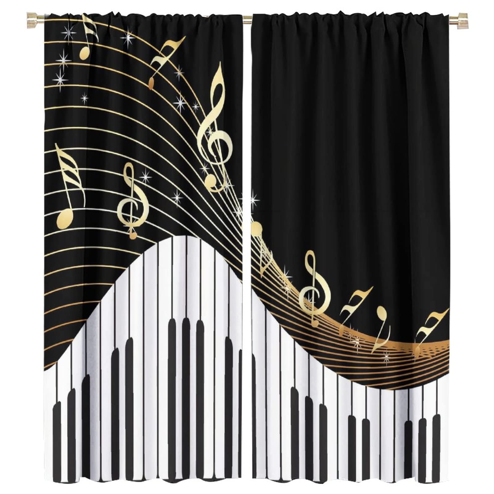 Music Note Blackout Curtains,Black White Piano Key Golden Musical Notes Room Darkening Door Window Rod Pocket Curtain for Living Room Bedroom W55xL63in