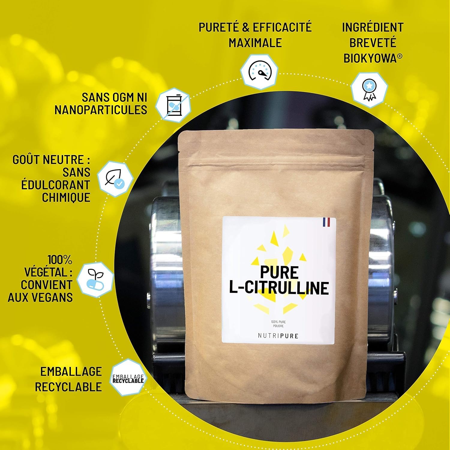 Nutripure | L-Citrulline BioKyowa® Végétale | Idéale pour la Congestion Musculaire pour l'Entraînement | Précurseur de l' Arginine | Sans Malate de Citrulline | 180 gélules(1 mois) | Made in France