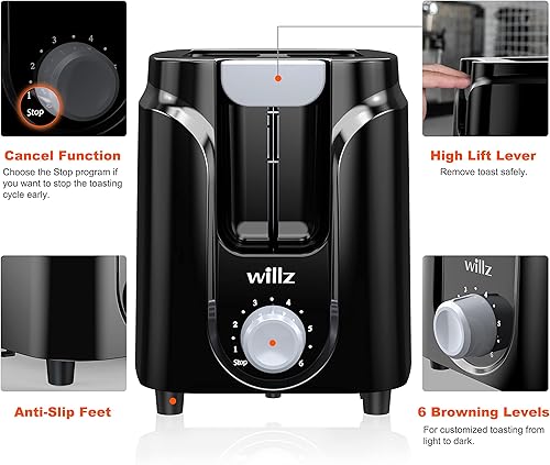 Miniatura 2 de Willz Tostadora de 2 rebanadas, ranura extra ancha con 6 niveles de tostado, tostadora pequeña para pan, bandeja de migas extraíble, apagado