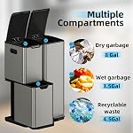 mVm 3 in 1 Kitchen Garbage Can with Soft Close Lid, 60 L Heavy Duty 3 Compartment Recycling Bin, Anti Fingerprint Ideal for Wet Dry Waste Sorting (Gray)