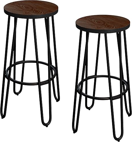 Miniatura 6 de Juego de 2 taburetes de bar – Taburetes de bar sin respaldo de 24 pulgadas de alto con patas de horquilla y asiento de madera para cocina, comedor o