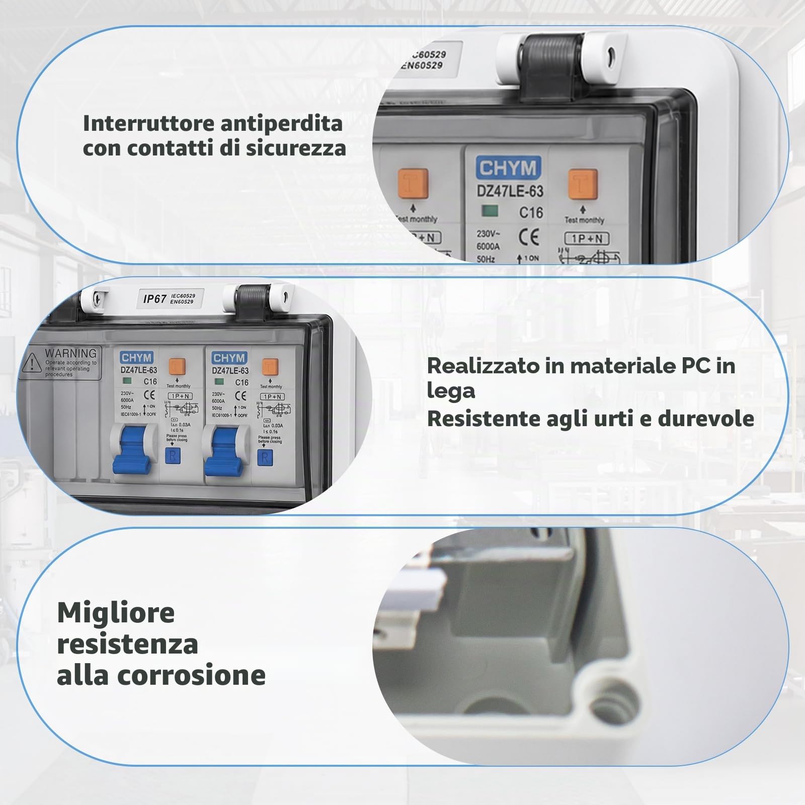 Distributore di corrente da 16 A, distributore a parete con interruttore automatico C16A e interruttore differenziale 25A, IP44, per uso interno ed esterno nei cantieri (2x16a 230V, LS+FI)