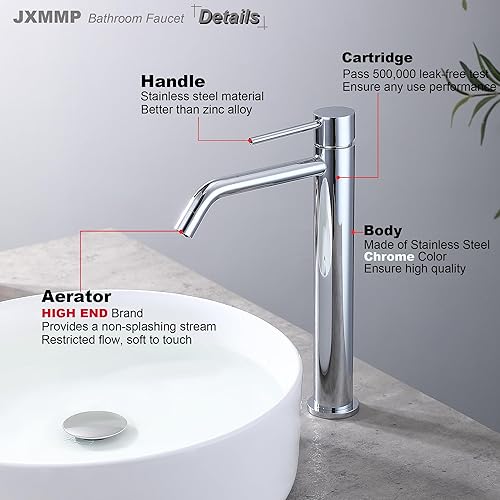 Miniatura 4 de Chrome Tall Bathroom Faucet with Sink Drain and Supply Lines, JXMMP Single Handle Vessel Sink Faucet Chrome Single Hole, Stainless Steel Vessel