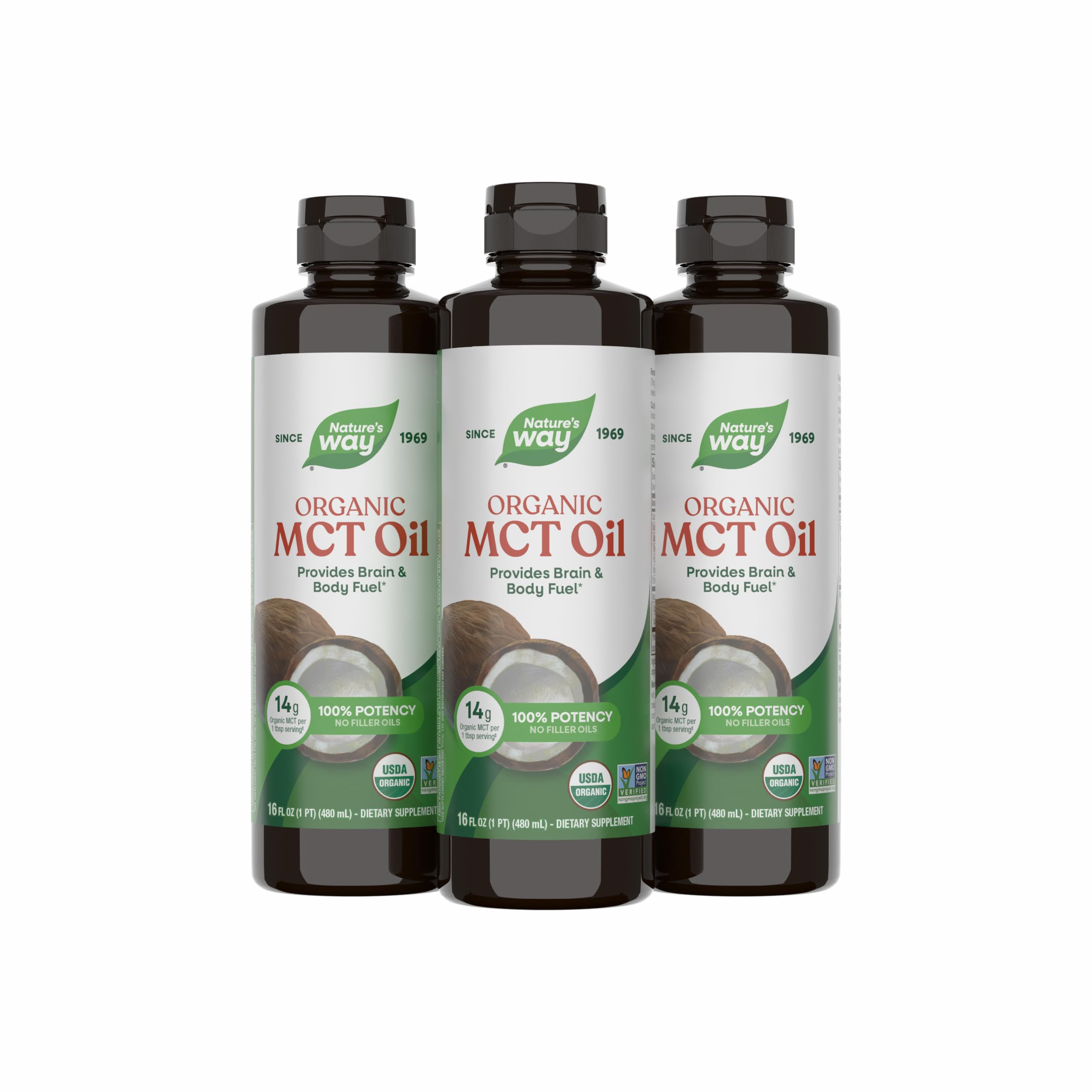 Nature's Way Organic MCT Oil, Brain and Body Fuel*, MCT Oil with C8 Caprylic & C10 Capric Acids, 14 g Medium Chain Triglycerides per Serving, Keto & Paleo Certified, Non-GMO, 16 Fl Oz (Set of 3)