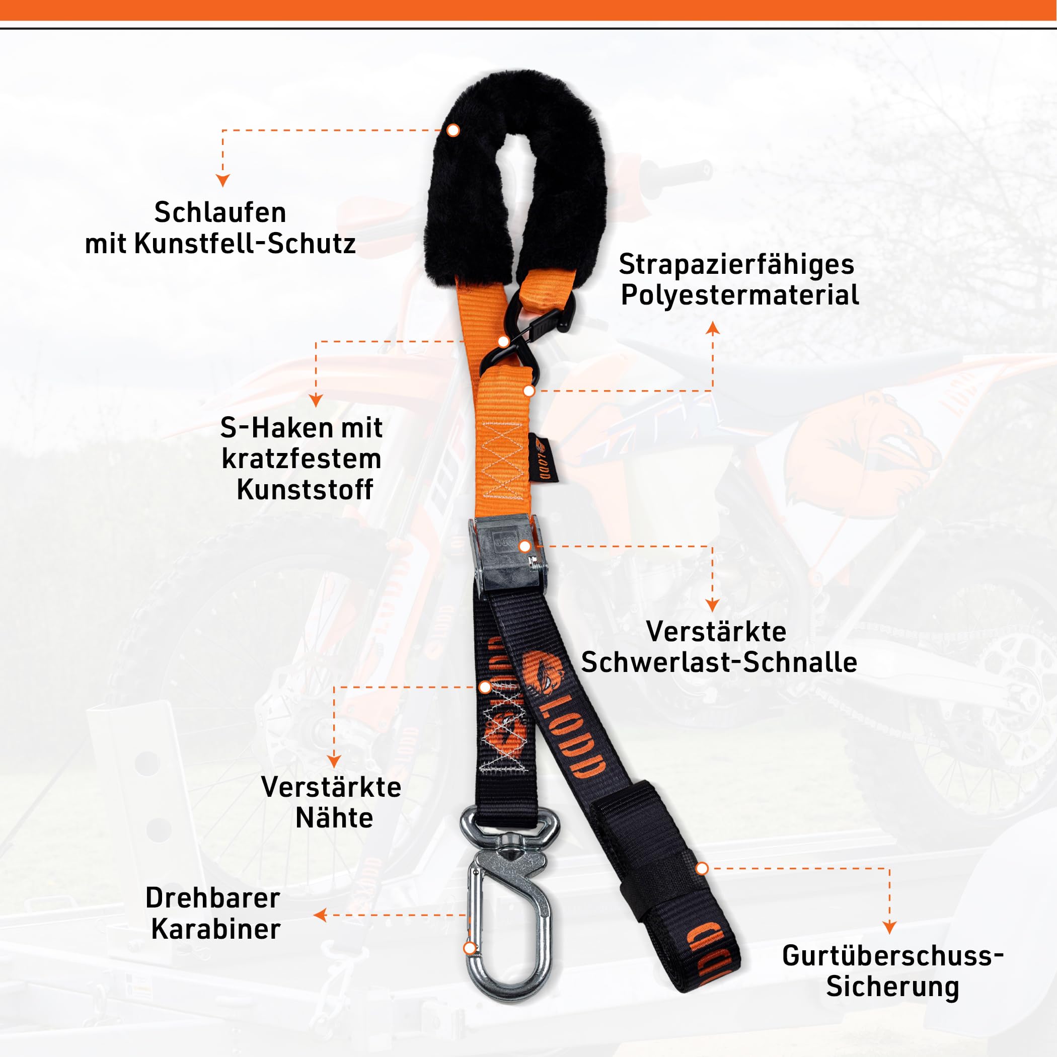LODD - Motorrad-Spanngurte mit Hochfesten Schnallen, Fellschutz, Stahlkarabiner, Verstärkter Schnalle | 1100 kg, 38mm | Anhänger (Parent) (Schnalle/Drehkarabiner)