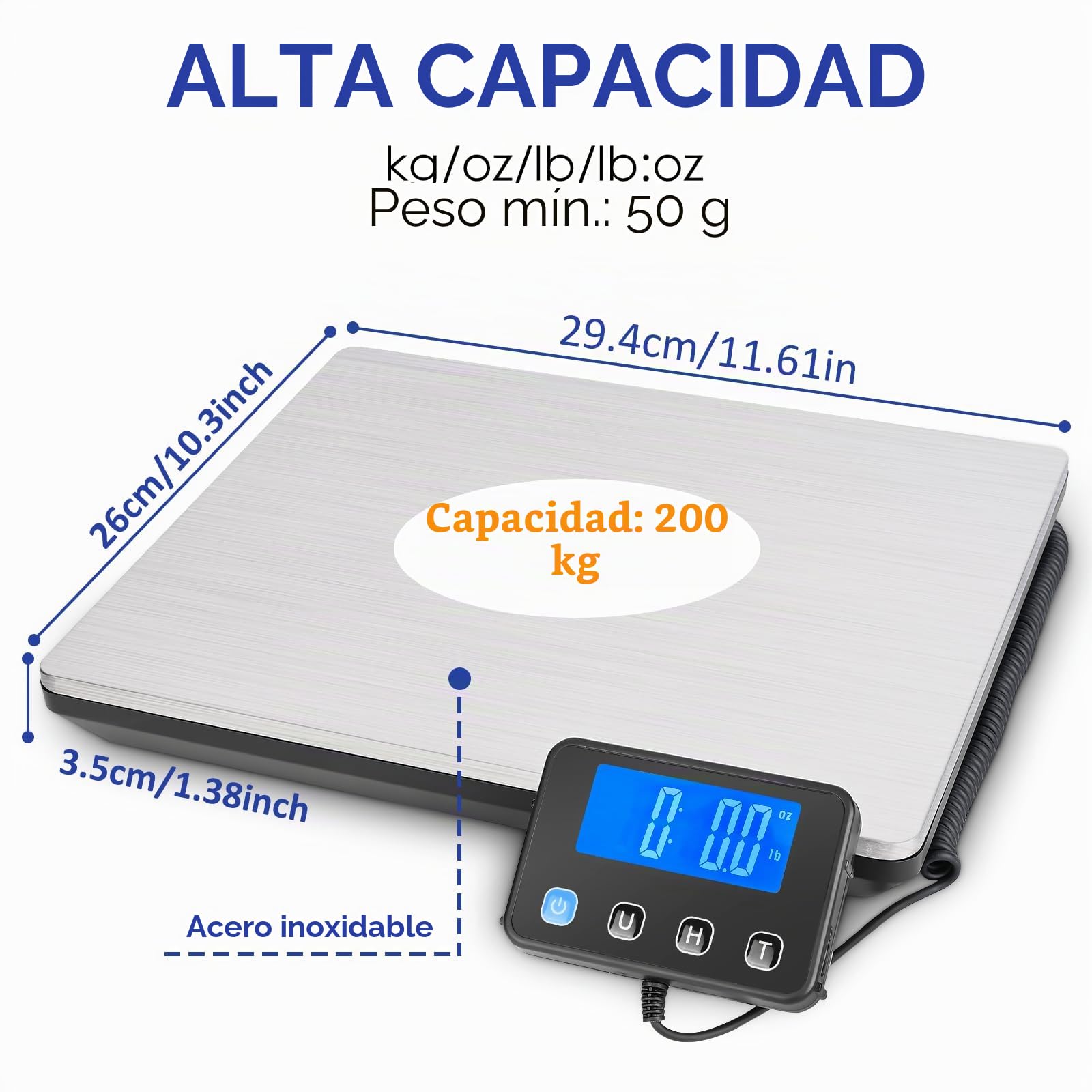 Báscula Digital, 50g-200kg Balanza Postal, Balanza de Envíos con Función de Retención y Tara para Paquetes Equipaje de Almacén, Plataforma de Acero Inoxidable, Pantalla LCD Externa