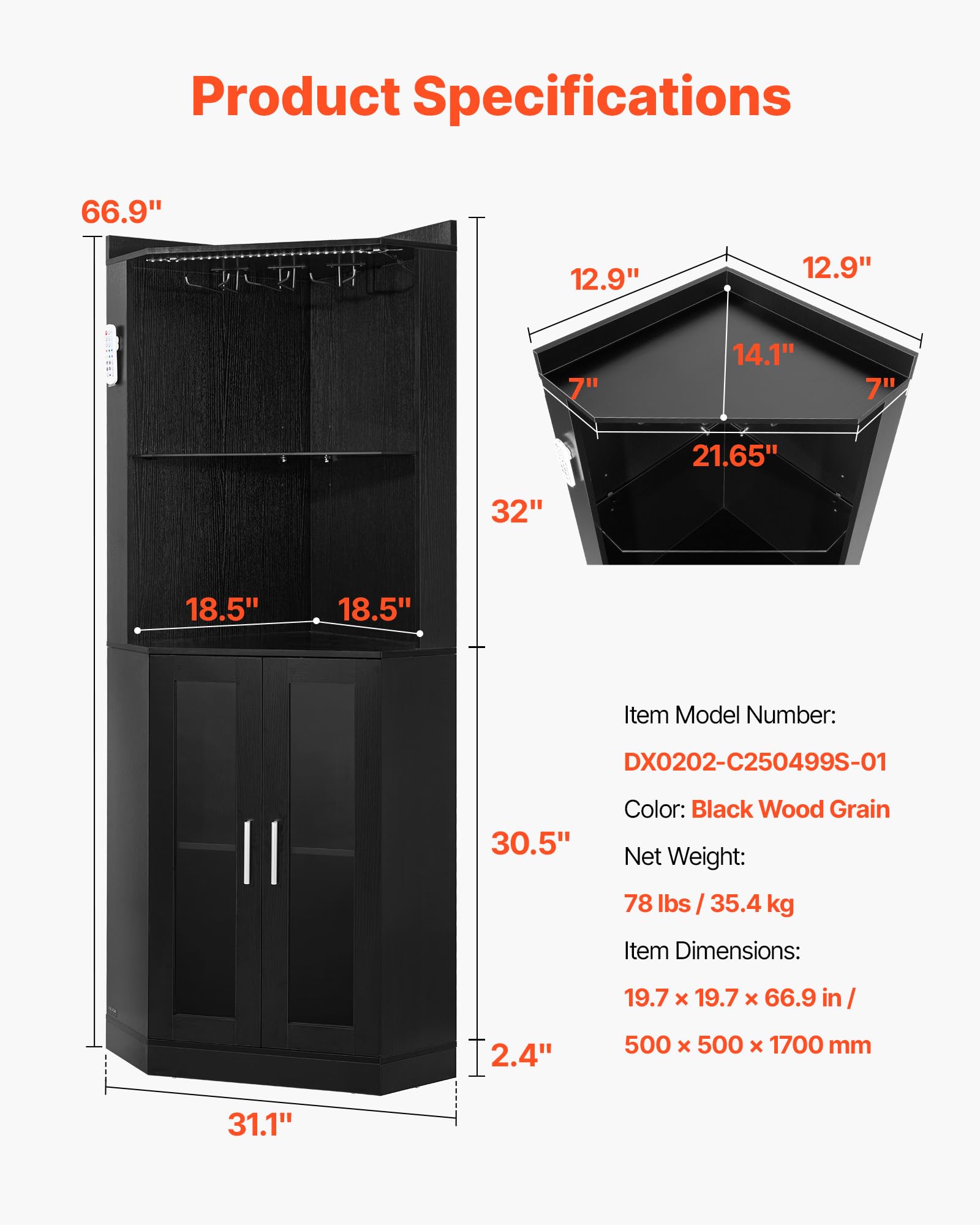 VEVOR Mobile Bar Angolare Portavini da Soggiorno, Scaffale Angolare Bar 50 x 50 x 170 cm da Casa con Illuminazione LED Dimmerabile Portabicchieri, Protezione Antiribaltamento da Sala da Pranzo
