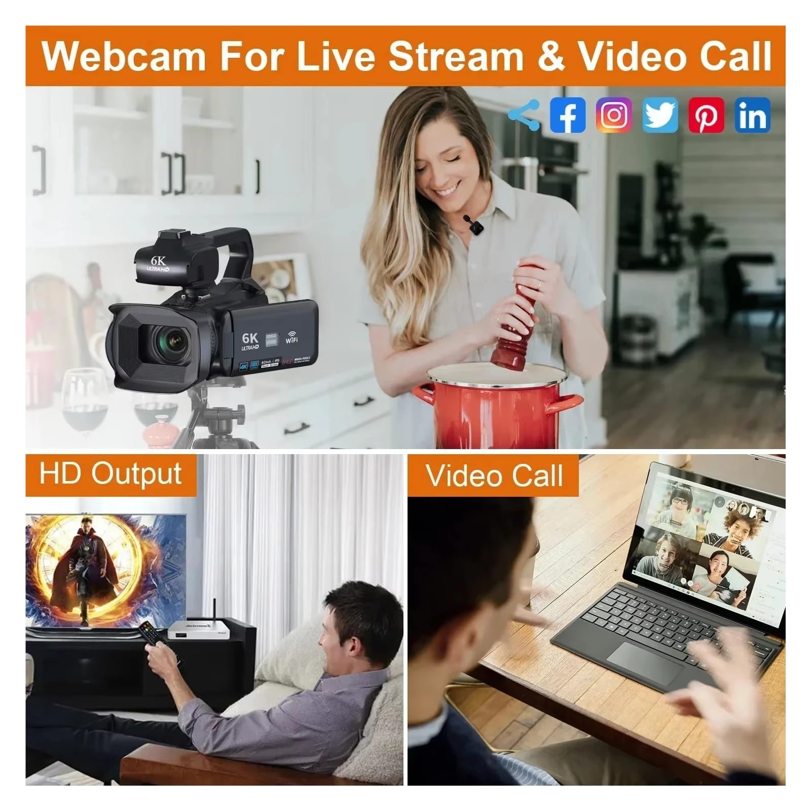 Videocamere Professionali Ultra HD 6K for la Fotografia, videocamere con Zoom Digitale 18X for Streaming Live, registratore for vlog da 64 MP(with Mic)