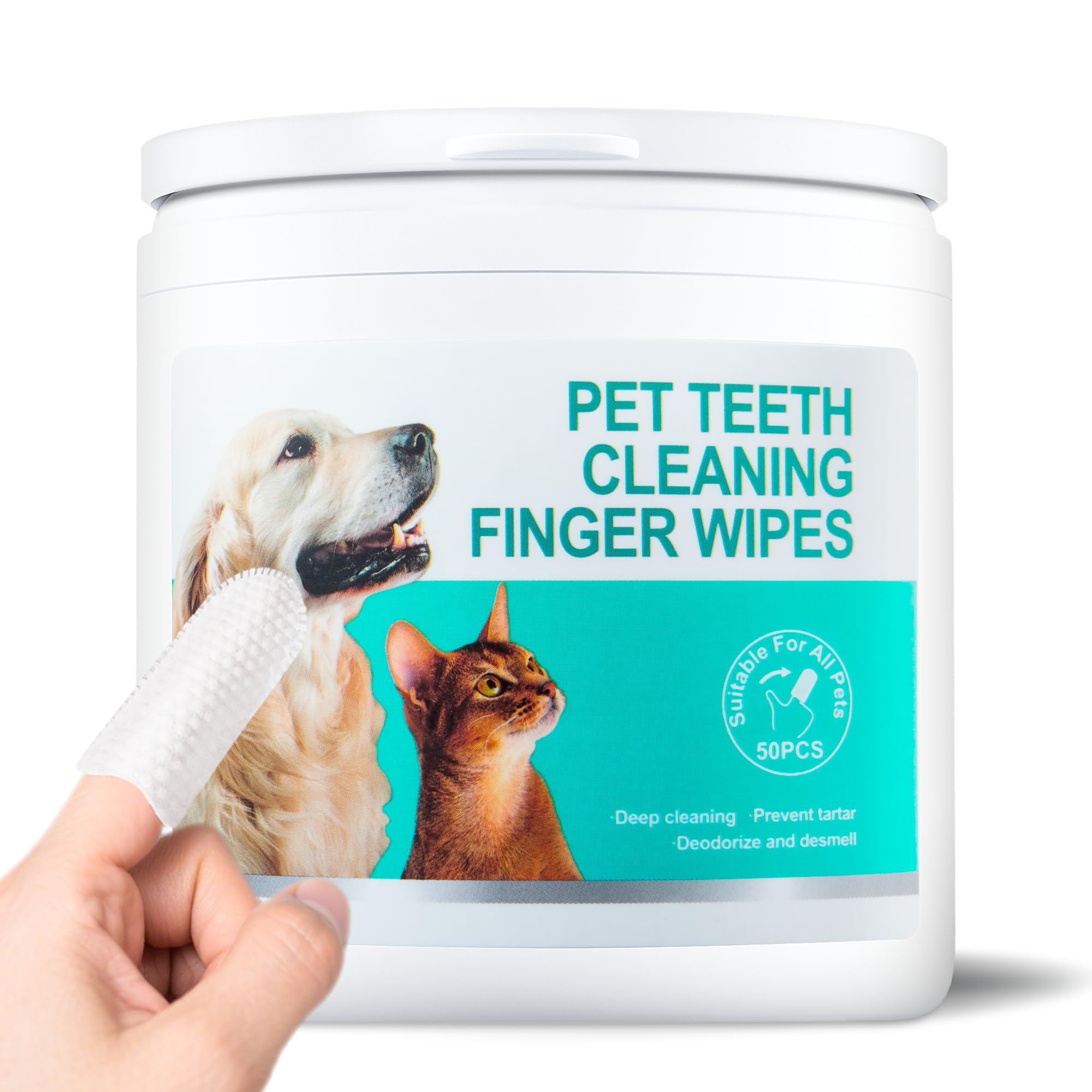 Teeth Cleaning Finger Wipes for Dogs & Cats，Dental Cleaning Wipes for Dogs and Cats，Pet Teeth Cleaning Finger Wipes，Reduces Plaque and Freshens Breath, Removes Tartar, Disposable Wet Wipes 50ct