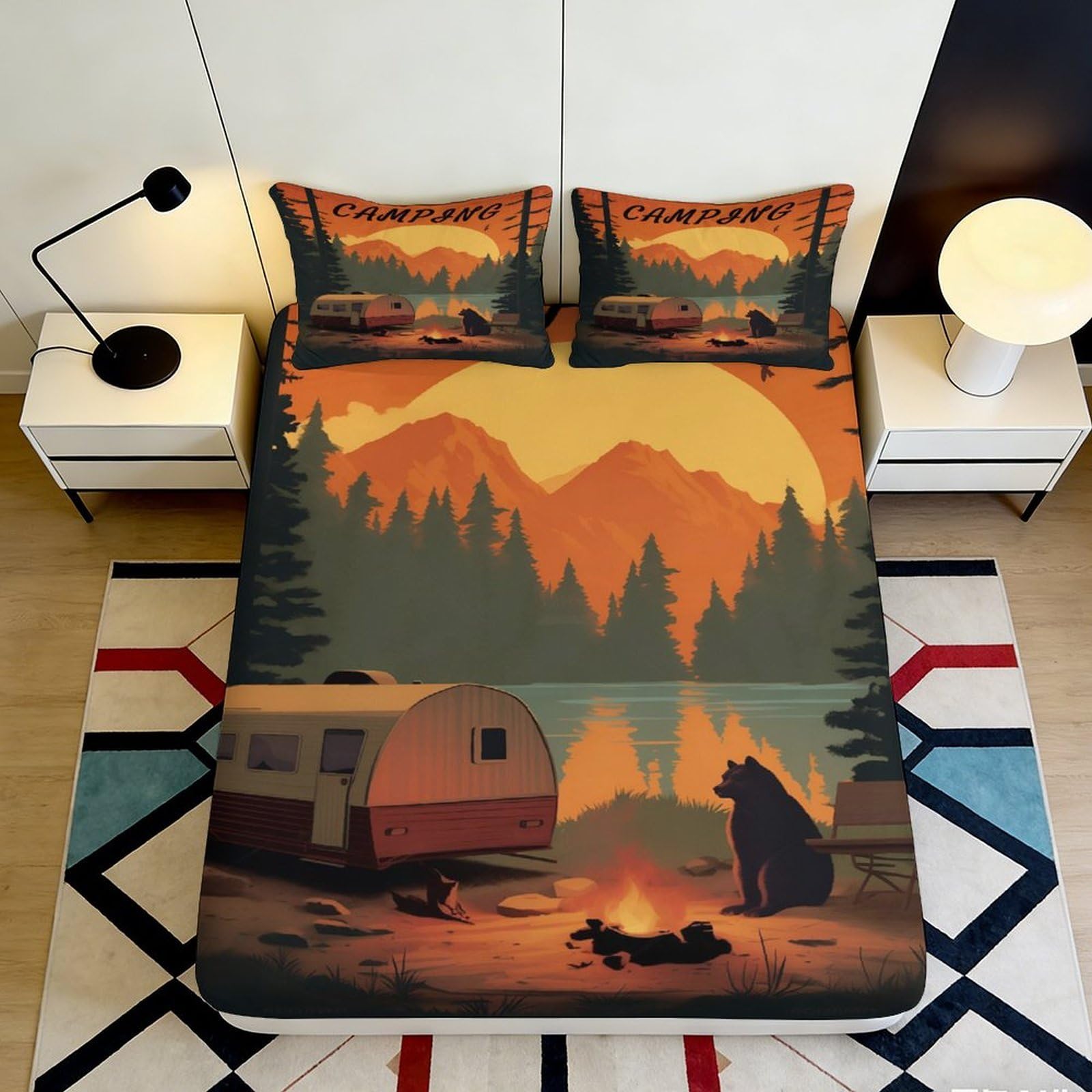 3D Printed Sunset Mountain Fitted Sheet Microfiber Orange Forest Camper Mattress Cover for Bedroom Guest Room Decor 90x200x25cm