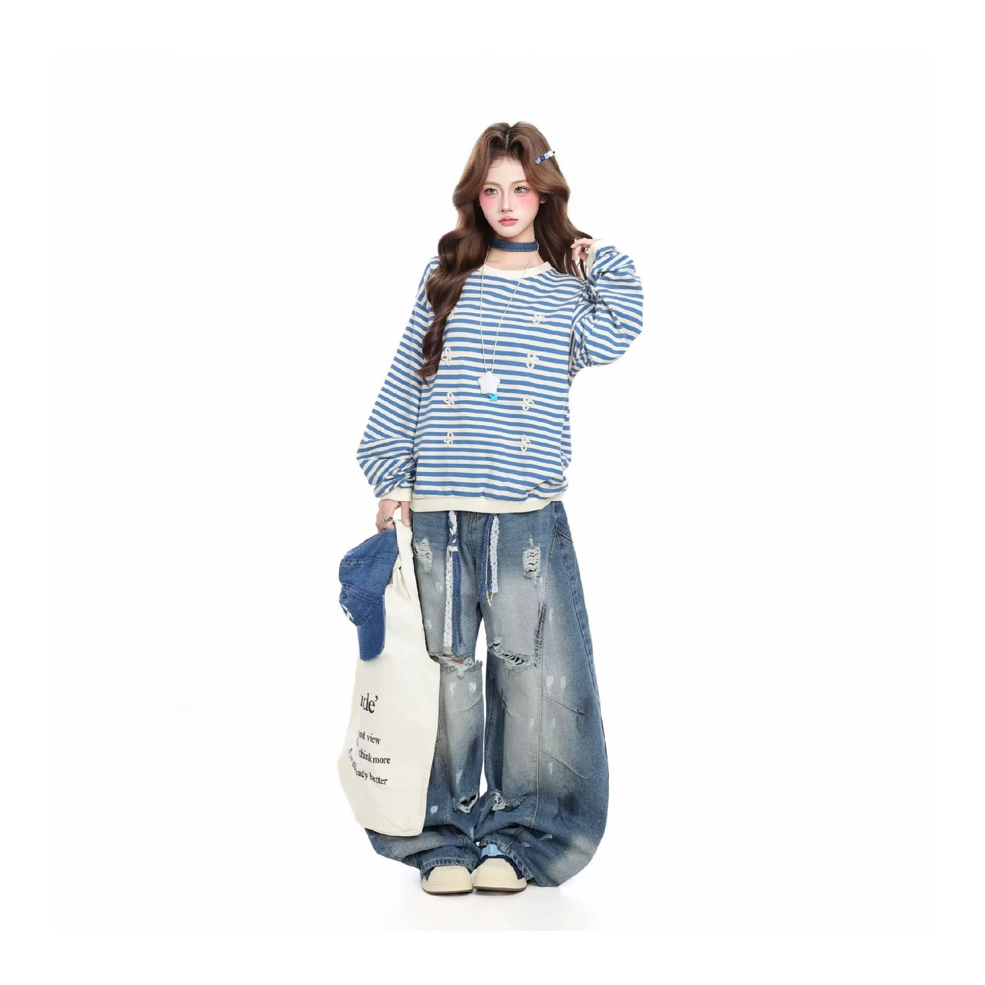 Jeans Vintage da Donna Pantaloni Lunghi a Gamba Larga Pantaloni Larghi