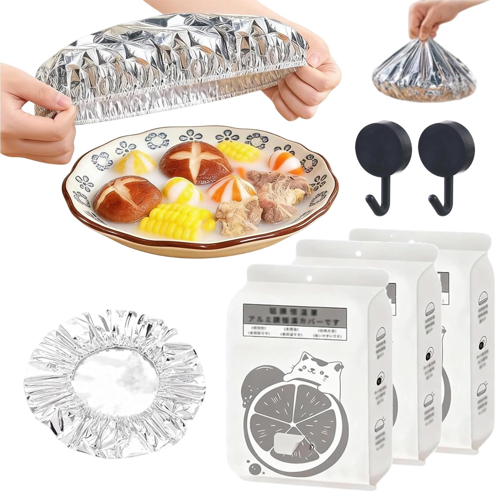 Universal Disposable Thermal Cover for Food, Reusable Aluminum Foil Food Covers, Aluminum Foil Heat Retaining Covers Elastic Bowl, Microwave-Safe, Adjustable Food Storage Covers for Kitchen (90pcs)
