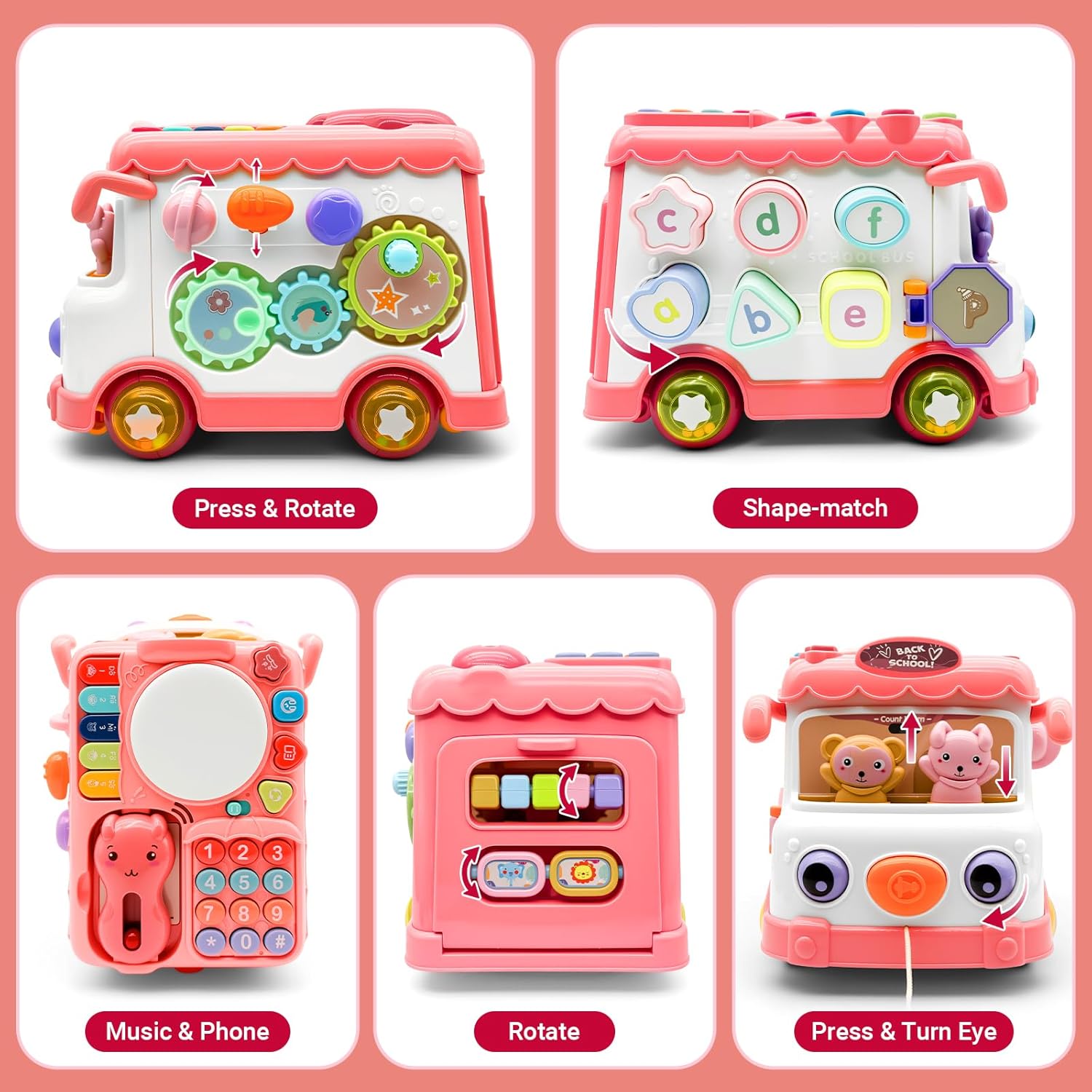 Baby Bus Toy for 1 Year Old Girl Gifts, Montessori Musical Bus Toy for Baby 12-18 Months, Baby Piano Drums for Toddlers 1-3, Shape Sort Toys 1st Birthday Gifts for Girls