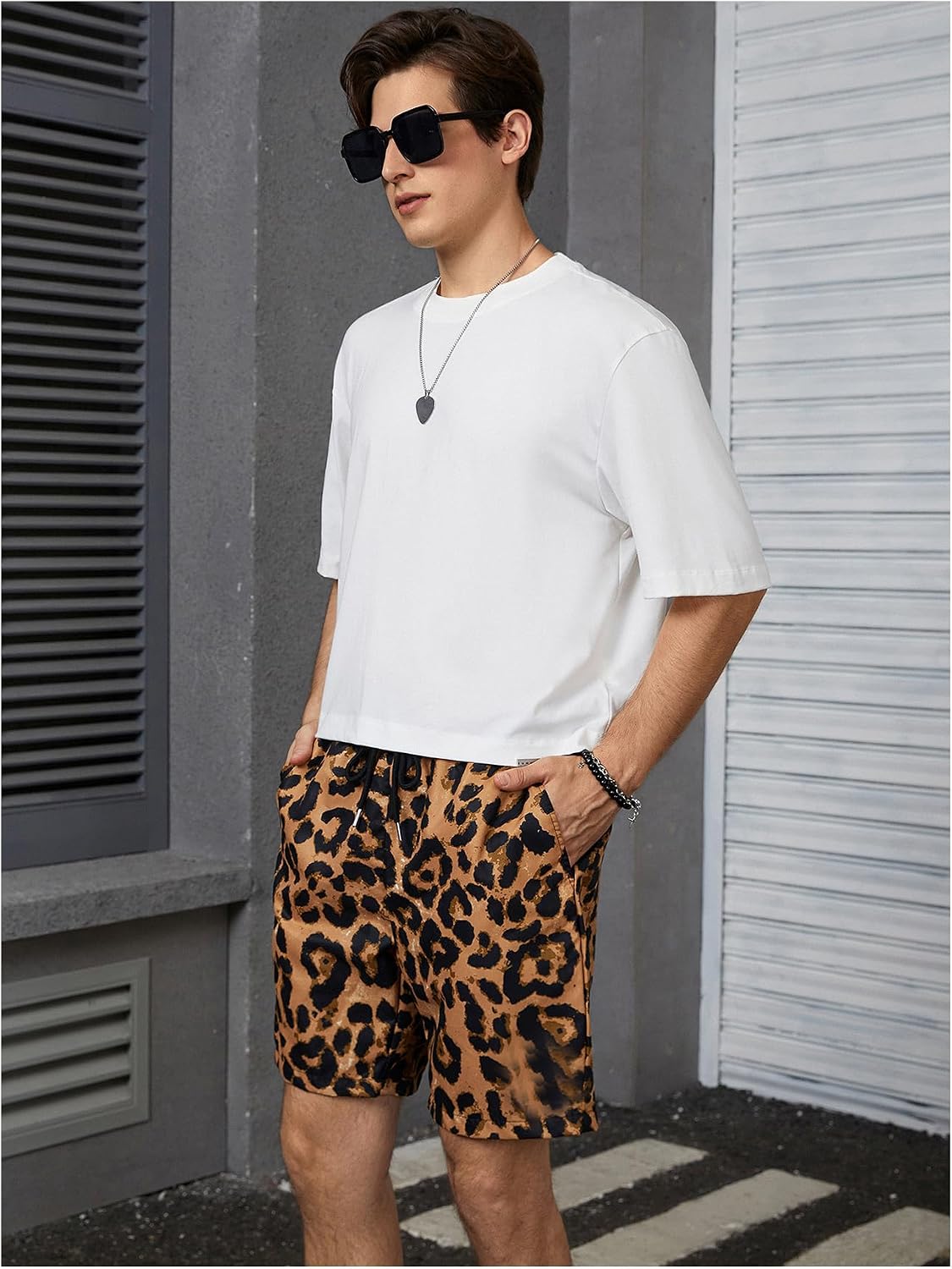 OYOANGLE Men's Casual Summer Leopard Graphic Print Elastic Waist Drawstring Workout Shorts