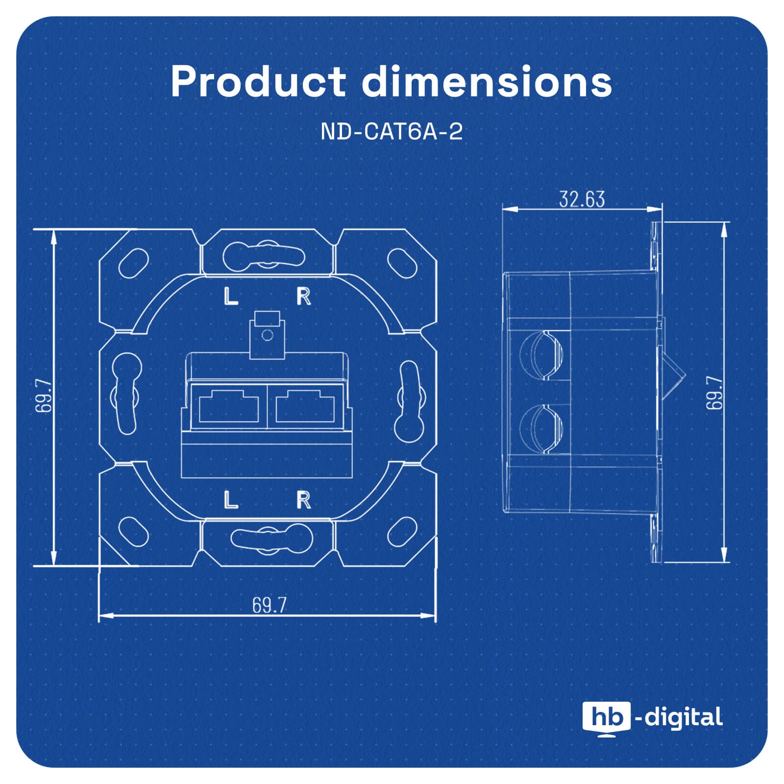 HB-DIGITAL 5 x CAT 6a gniazdo sieciowe RJ45 2-portowe STP ekranowane, kompatybilne ze sztywnymi kablami LAN PoE T568A/B standard stop cynku 10 Gigabit 50 mm x 50 mm - Bez obudowy