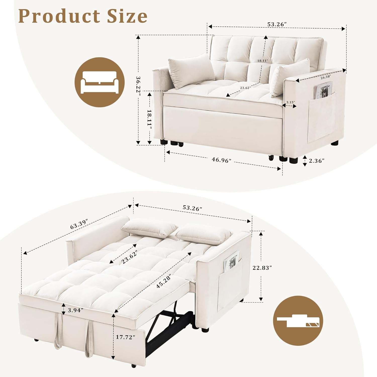 53.5" 3-in-1 Convertible Sofa Bed, Loveseat Couch With Pull-Out Bed, Side Pockets And Adjustable Backrest, Suitable For Living Rooms, Apt, And Offices, Velvet Fabric Recliner SofaS Bed (beige, 53.5)