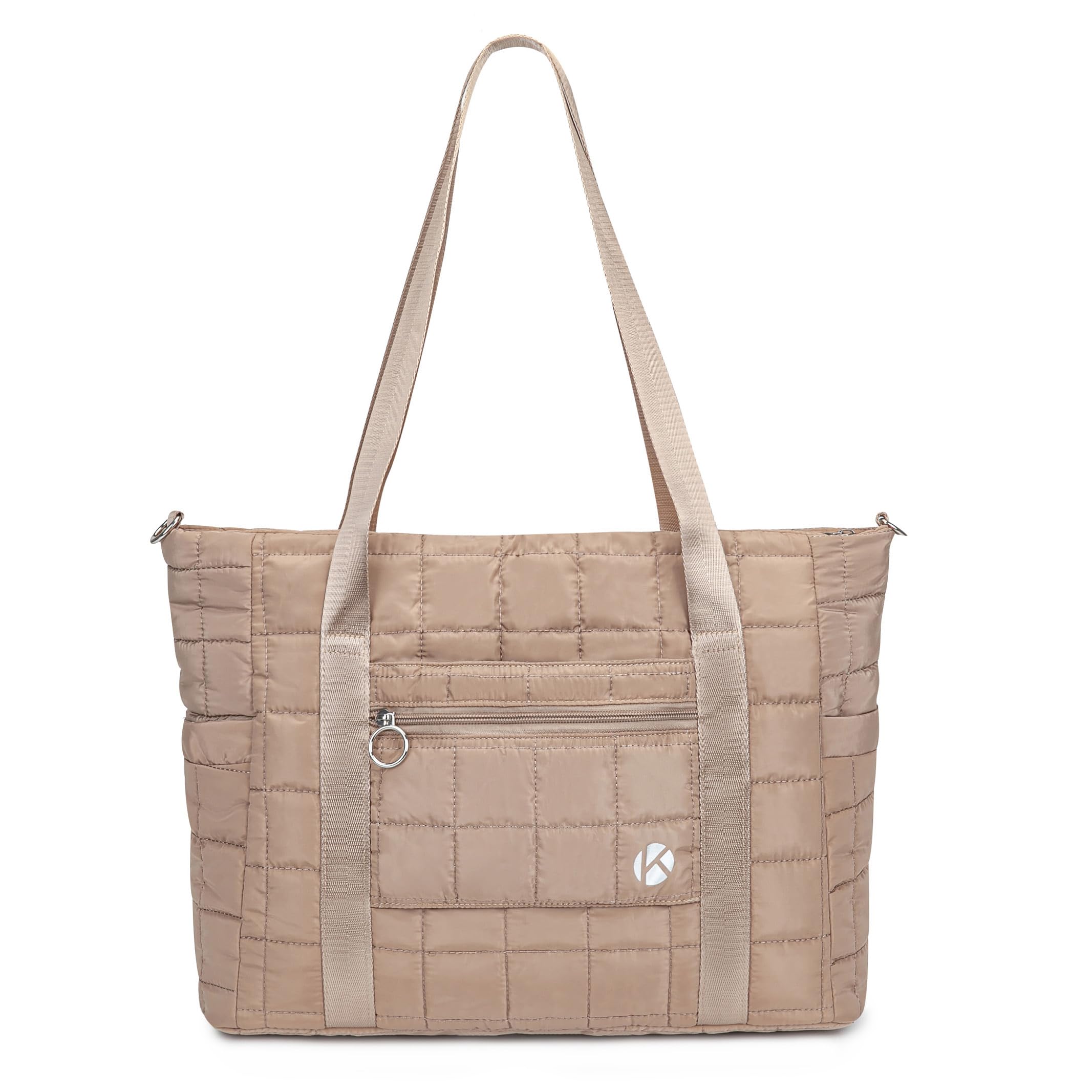 KAVIGOR Tote Bag for Women with Zipper, Quilted Gym Tote with Compartments, Puffer Shoulder Bag with Yoga Mat Straps for Travel, Sport, Work, Cream