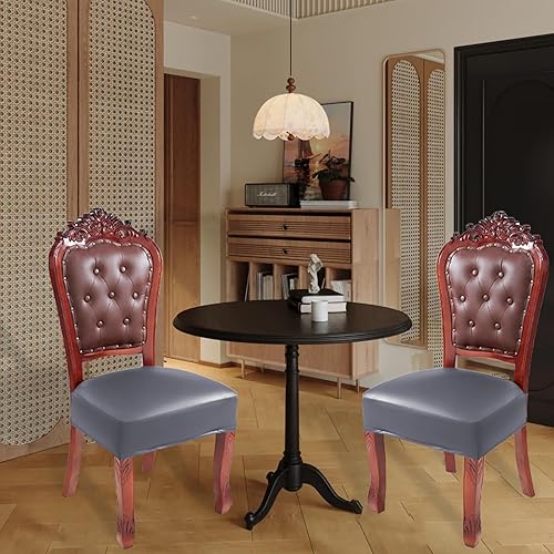 Miniatura 2 de CWK Juego de 4 fundas impermeables de piel sintética para sillas de comedor, fundas protectoras traseras elásticas y lavables para el hogar,