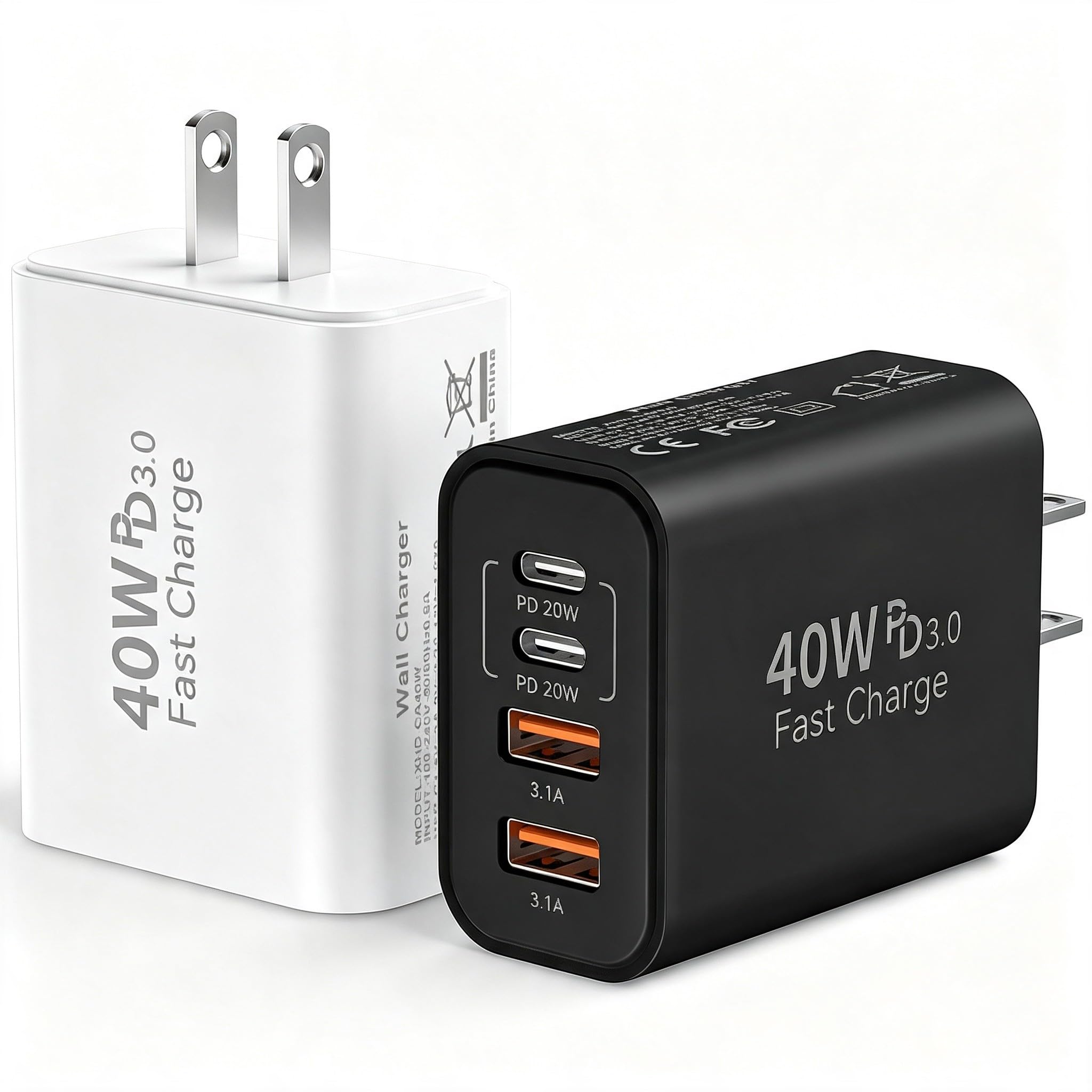 Bloque de cargador rápido de pared USB C, cargador de 40 W, 4 puertos, tipo C, bloques de carga rápida, adaptador de cargador de energía PD + QC 3.0 USB multipuerto cargador de ladrillo para teléfono