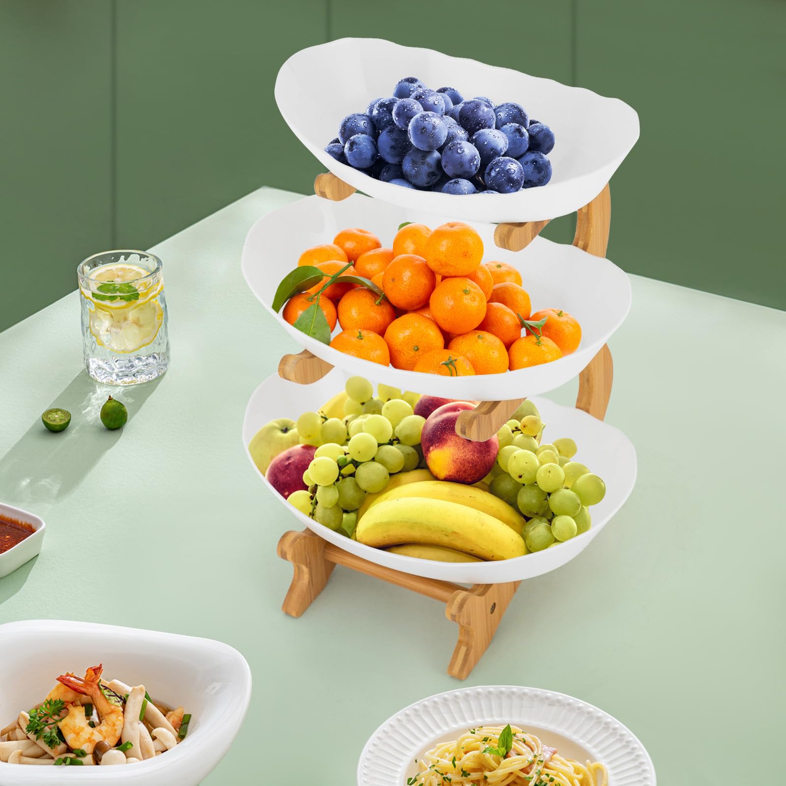 Alzata per frutta a 3 ripiani, salvaspazio, stabile e senza tremori, con supporto in bambù naturale per frutta e snack