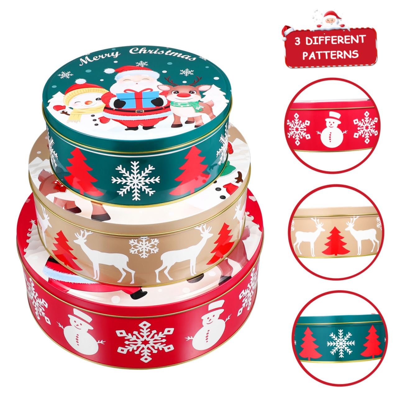 YARNOW Lot de 3 Boîtes à Biscuits de Noël Rondes en Métal avec Couvercles, pour Conserver Bonbons, Biscuits, Friandises Et Cadeaux